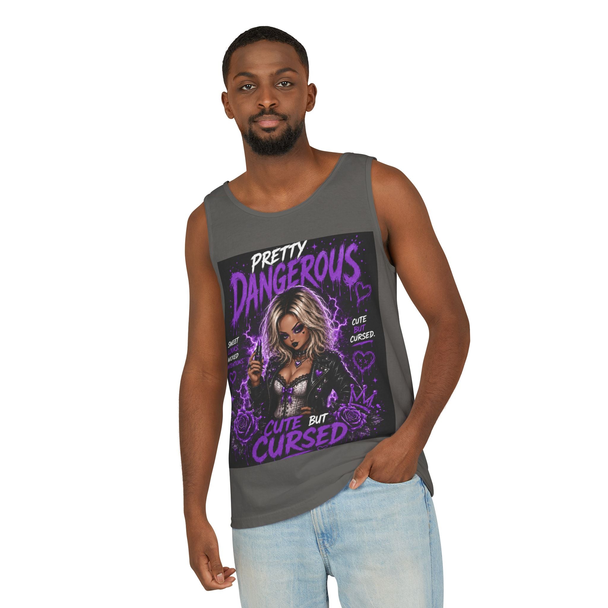 Camiseta sin mangas estampada — Ilustración gótica "Bastante peligrosa / Linda pero maldita"