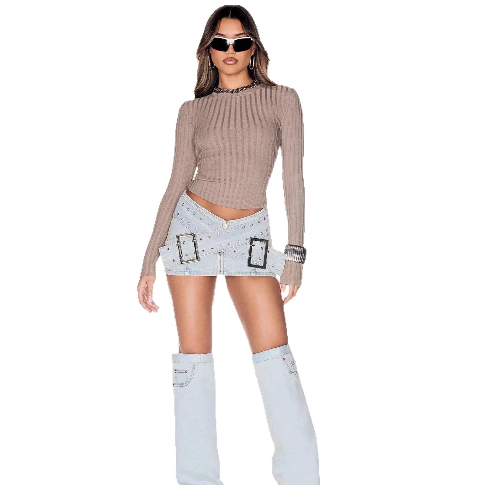 Women's Light Blue Denim Mini Skirt – Bodycon Cross-Over Buckle Design