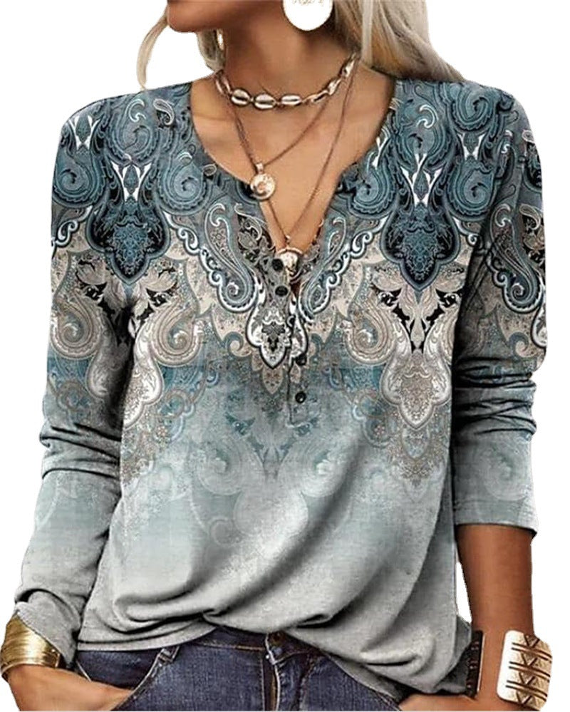 Women's Ethnic Print V-Neck Long Sleeve Loose T-Shirt