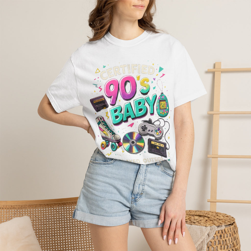 90's Baby T-Shirt — Retro 90s Nostalgia Tee with Cassette, Gamepad & Rollerblade Graphics