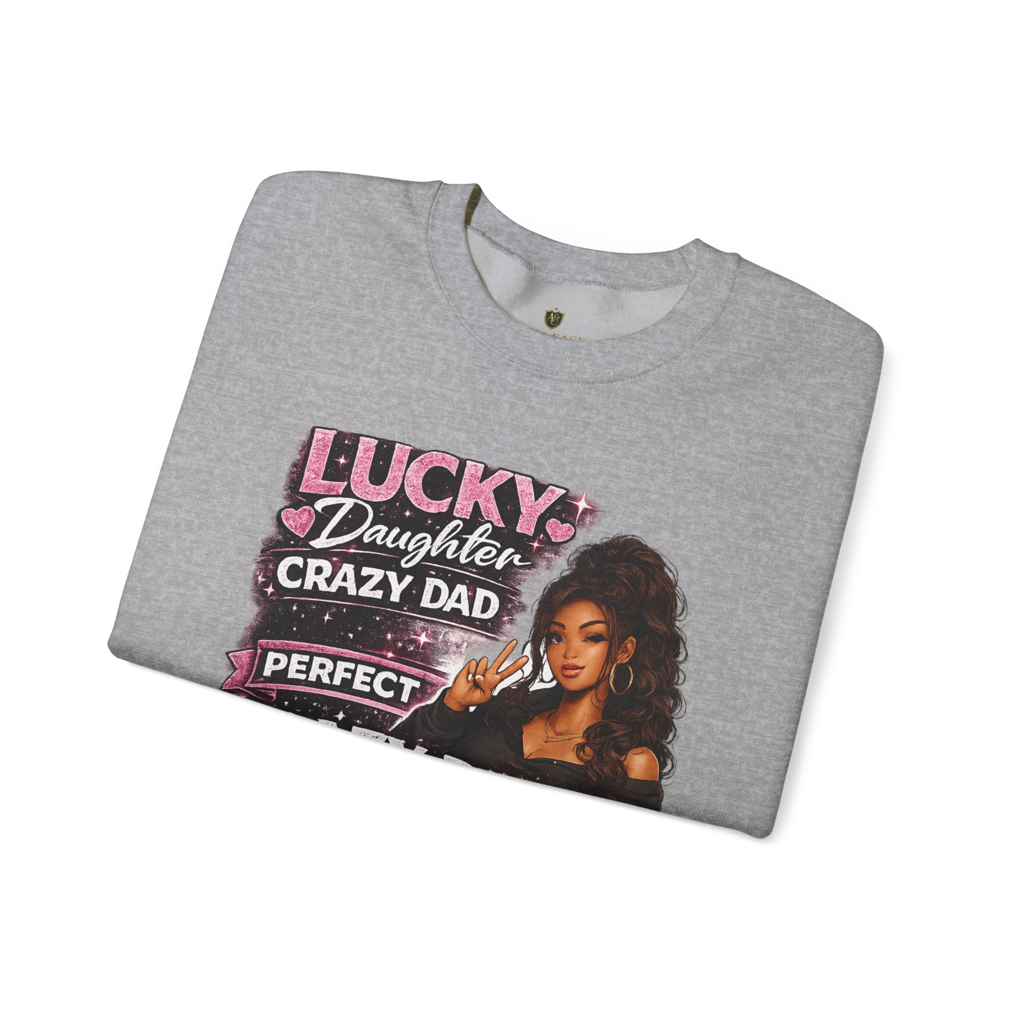 Crewneck Sweatshirt — "Lucky Daughter, Crazy Dad" Pink Graphic Father-Daughter Pullover