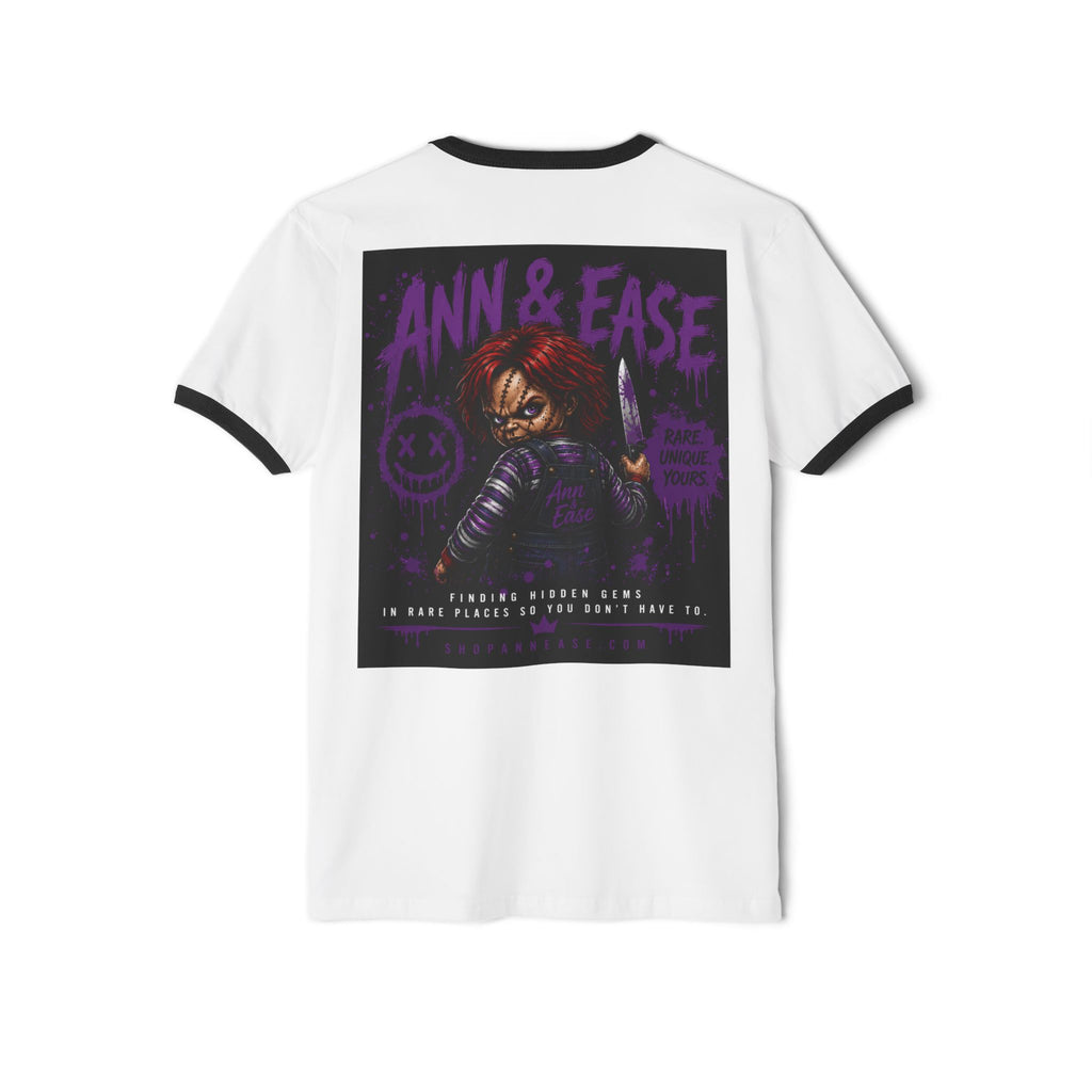 Horror Movie T-Shirt — "Ann & Ease" Chucky-Inspired Graphic Ringer Tee