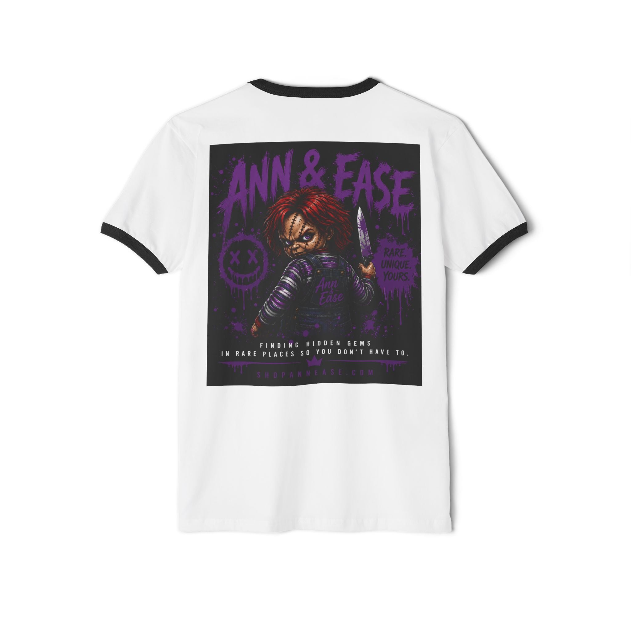 Horror Movie T-Shirt — "Ann & Ease" Chucky-Inspired Graphic Ringer Tee