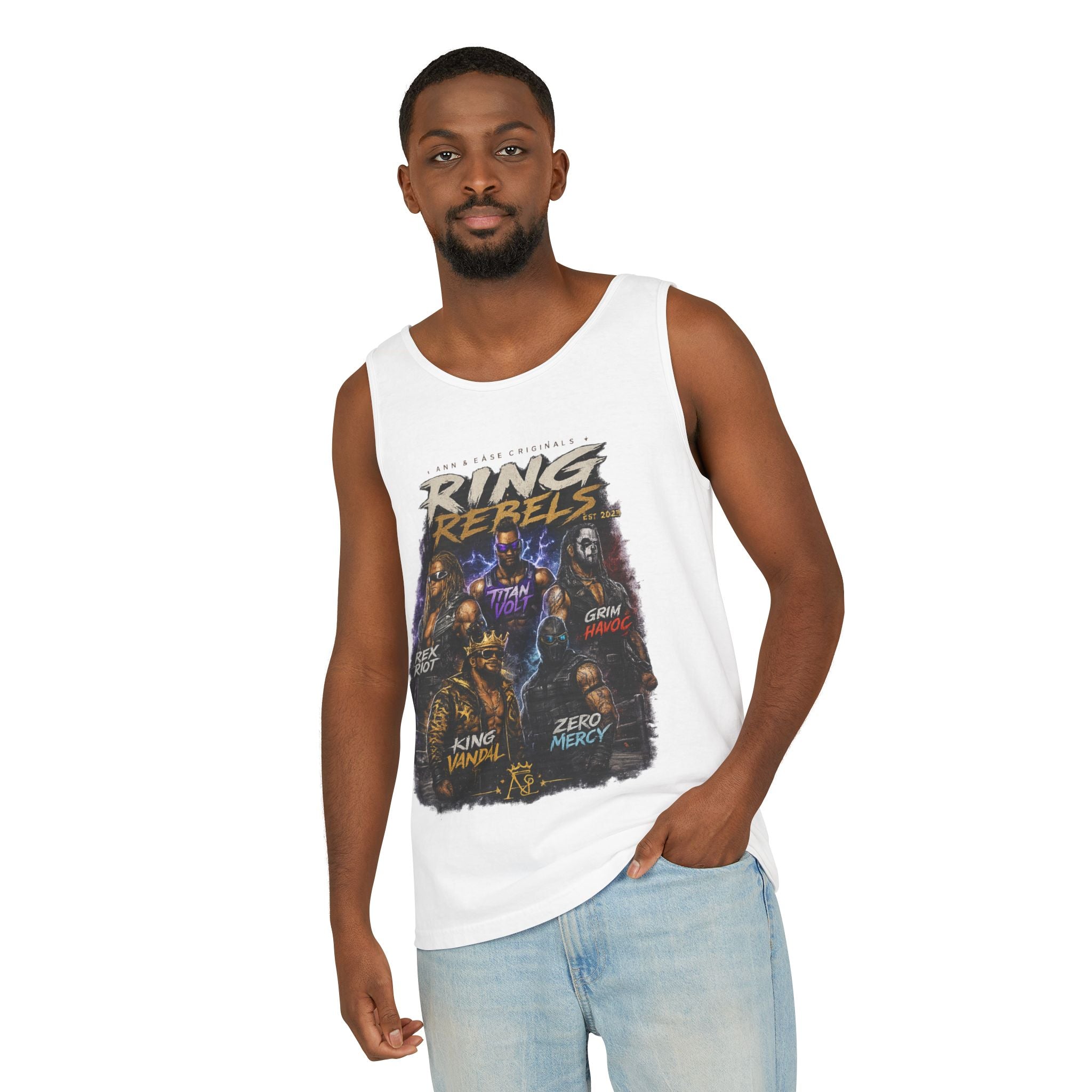 Camiseta sin mangas Ring Rebels — Estampado vintage de la crew de lucha libre