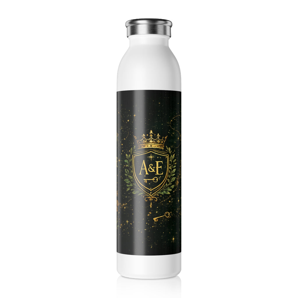 Slim Water Bottle - Elegant Gold Crest 'A&E' Adventure Starts Here Stainless Steel Bottle