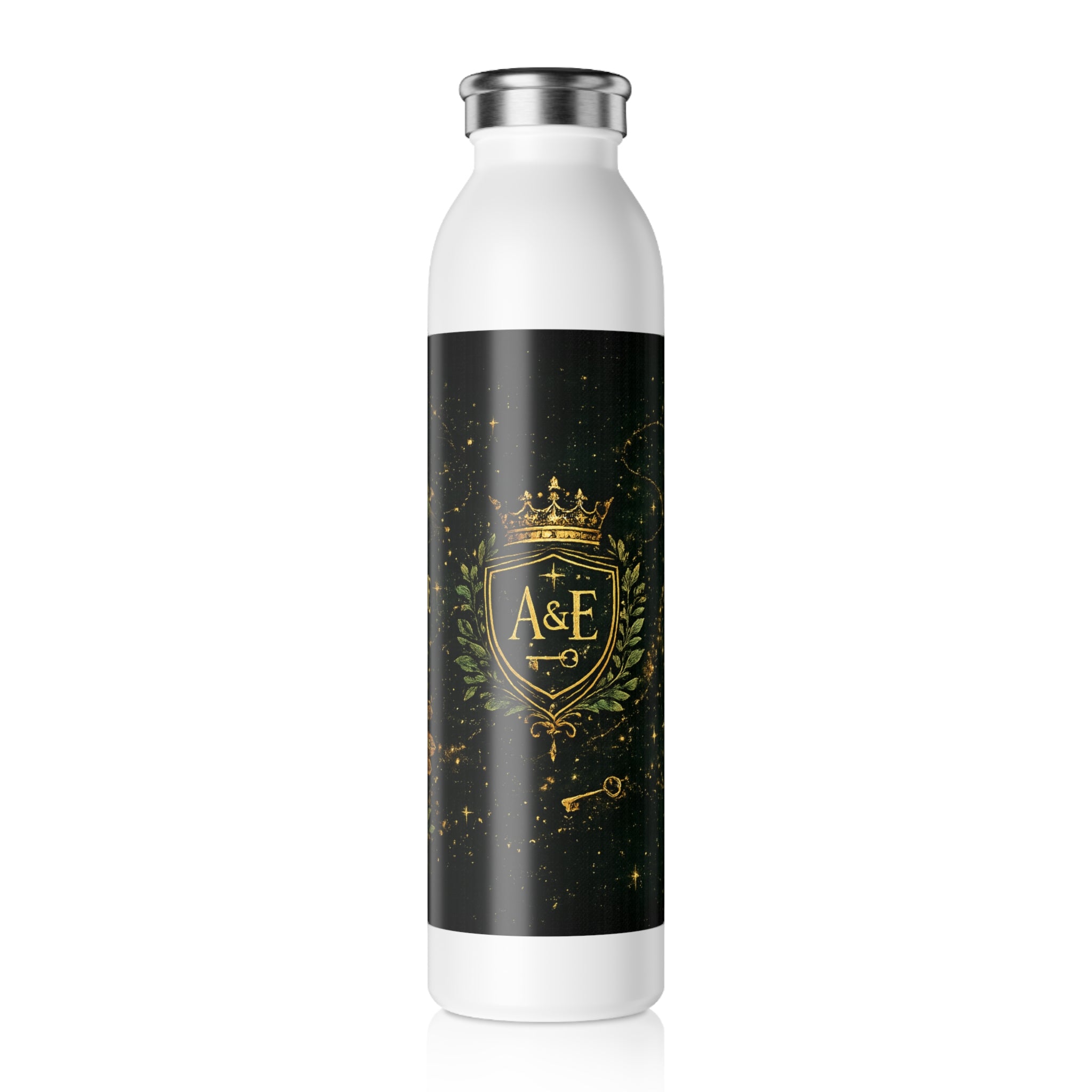 Slim Water Bottle - Elegant Gold Crest 'A&E' Adventure Starts Here Stainless Steel Bottle
