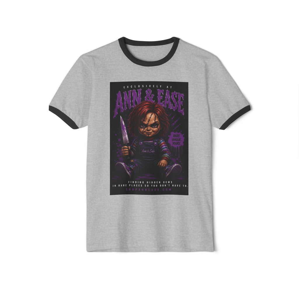 Horror Movie T-Shirt — "Ann & Ease" Chucky-Inspired Graphic Ringer Tee