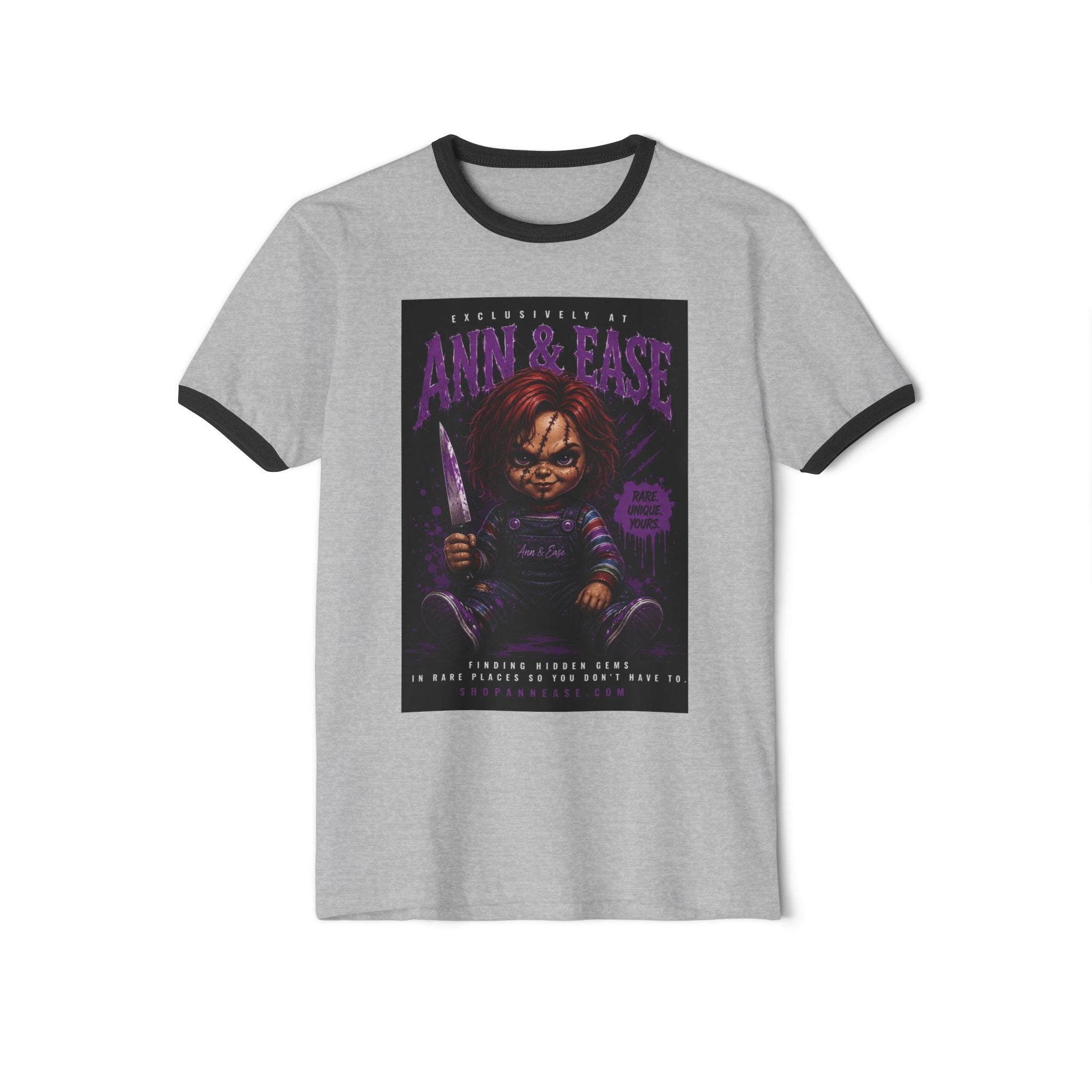 Horror Movie T-Shirt — "Ann & Ease" Chucky-Inspired Graphic Ringer Tee