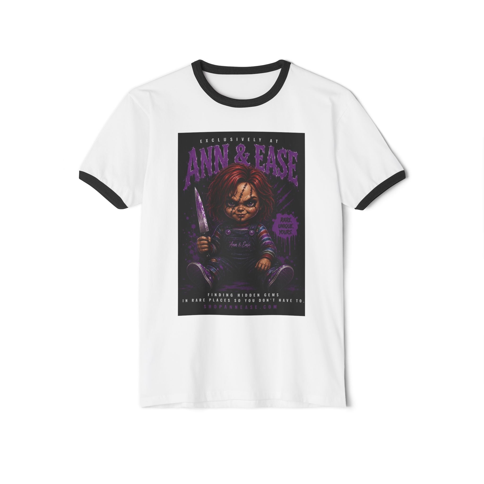 Camiseta de terror — Camiseta gráfica con cuello y mangas a contraste inspirada en Chucky "Ann & Ease"