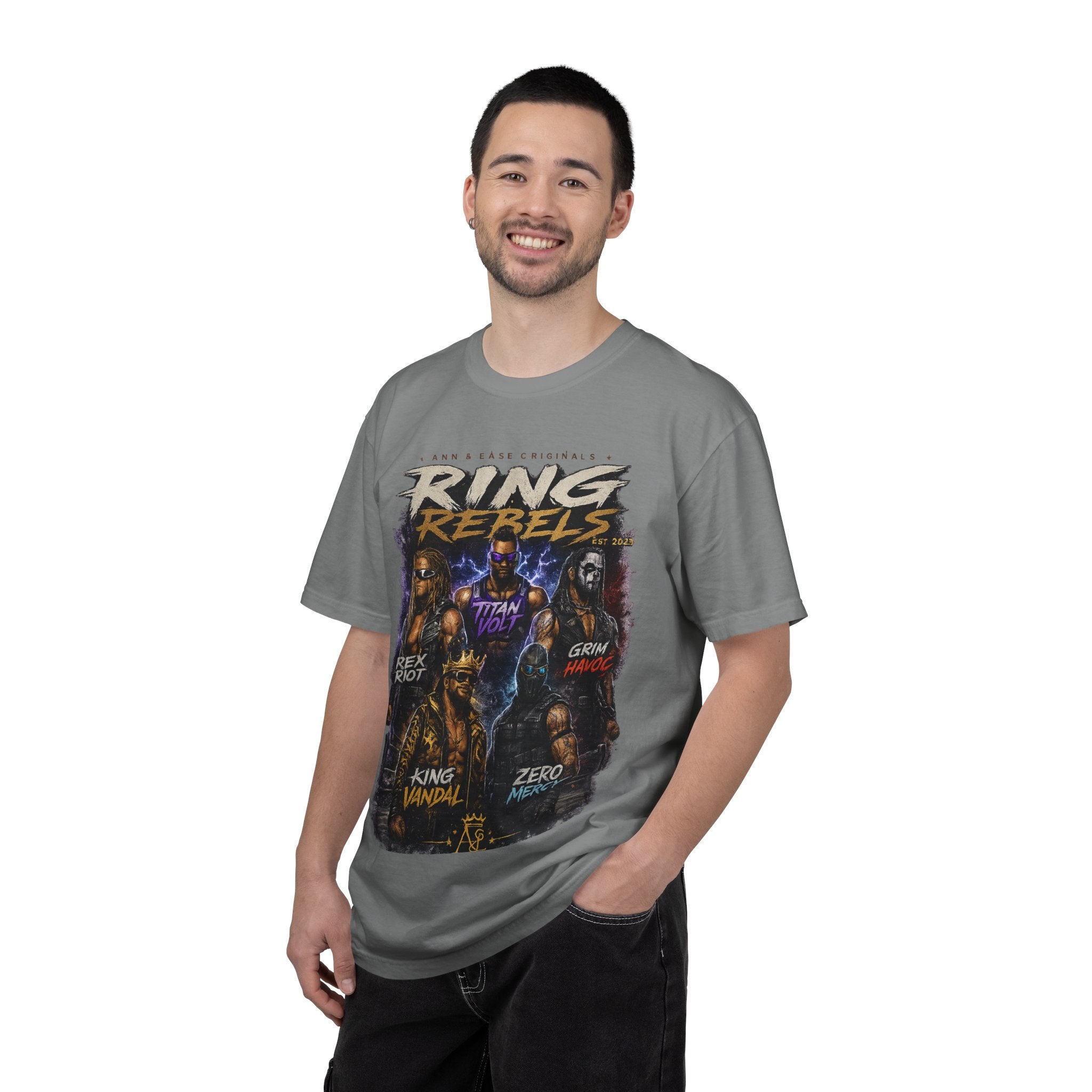 Playera — Camiseta gráfica Ring Rebels (Rex Riot, Titan Bolt, Grim Havoc, King Vandal, Zero Mercy)