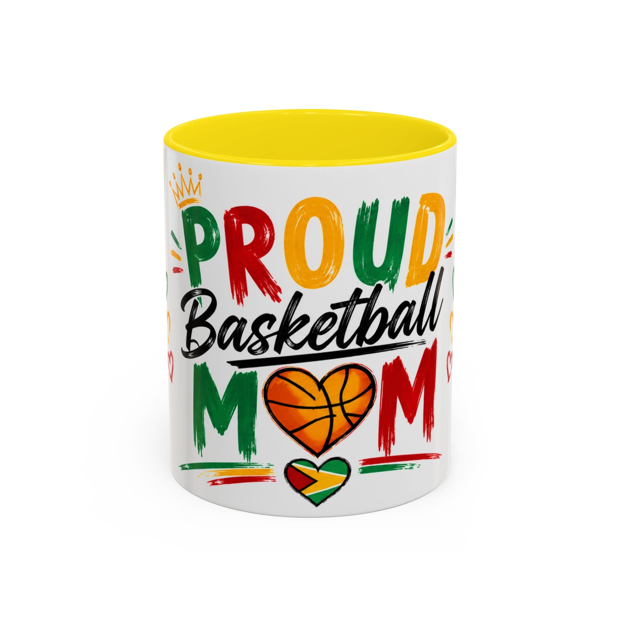 Taza de café para mamá orgullosa del baloncesto – Diseño colorido de corazón y baloncesto (11/15oz)