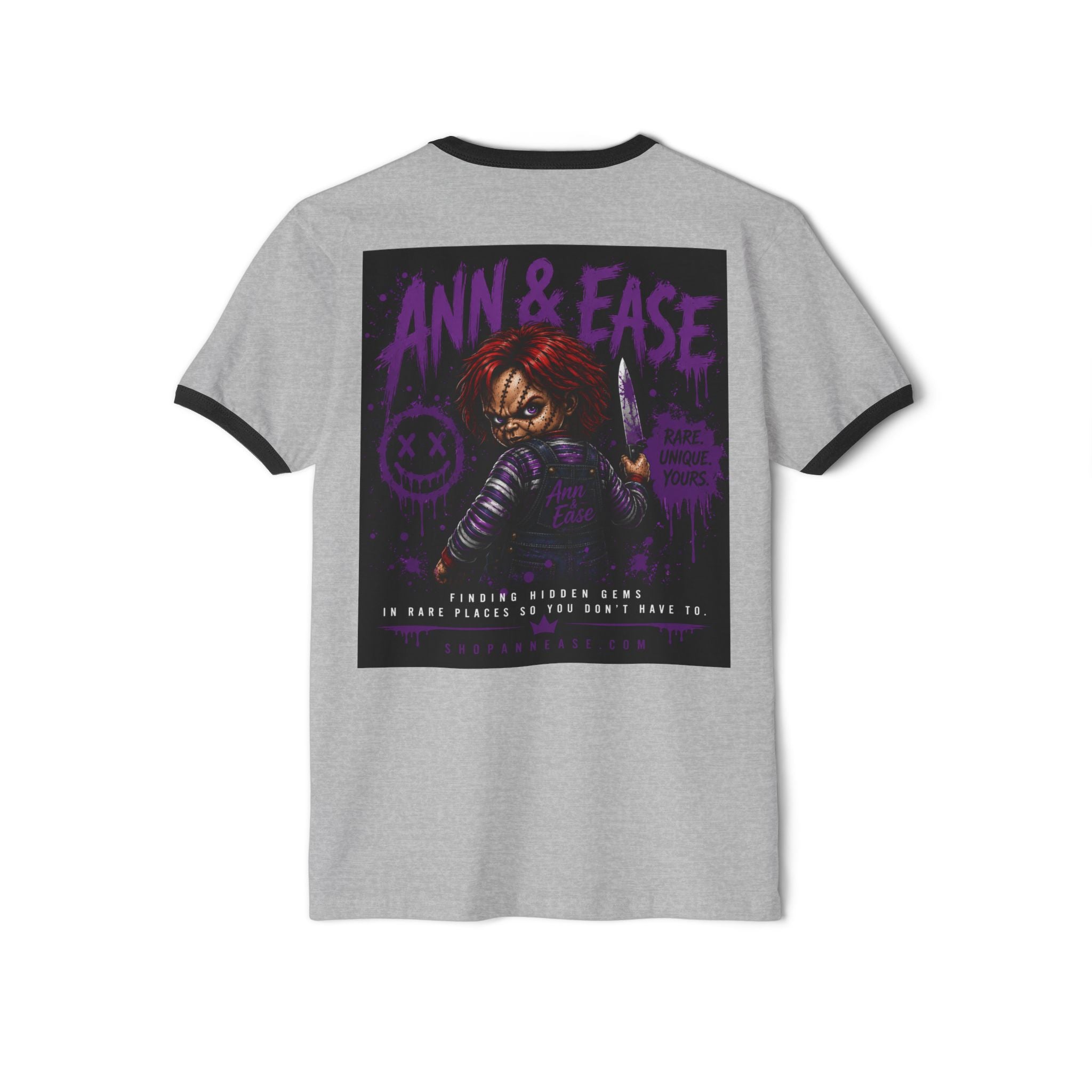 Horror Movie T-Shirt — "Ann & Ease" Chucky-Inspired Graphic Ringer Tee