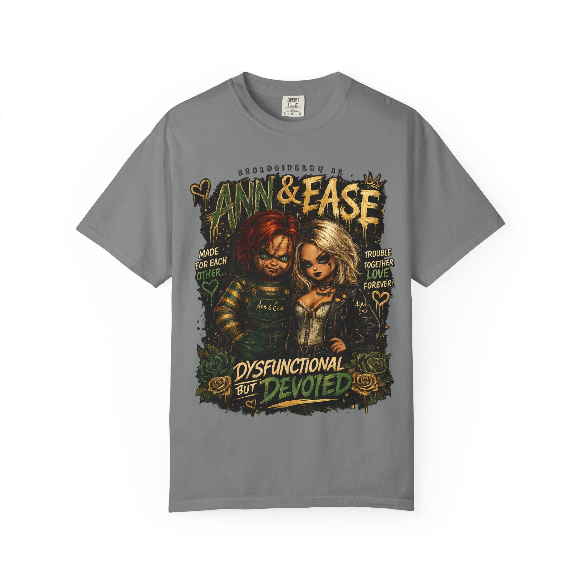 Camiseta — "Ann & Ease: Disfuncionales Pero Devotos" Camiseta Gráfica de Pareja de Terror
