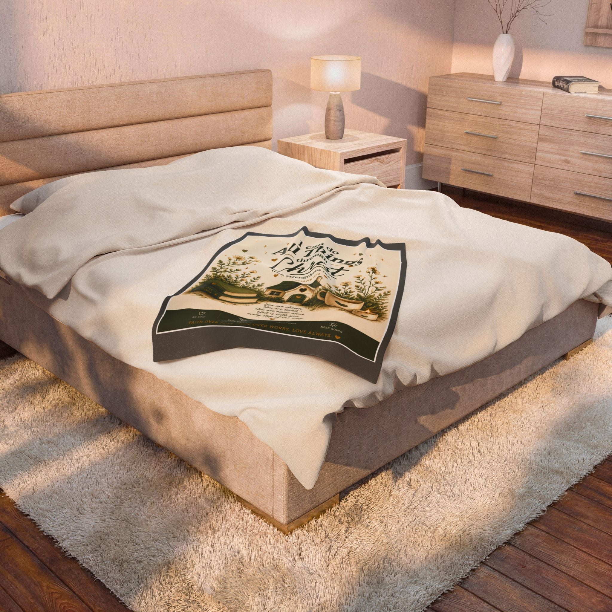 Christian Velveteen Plush Blanket — "I Can Do All Things Through Christ" Inspirational Throw