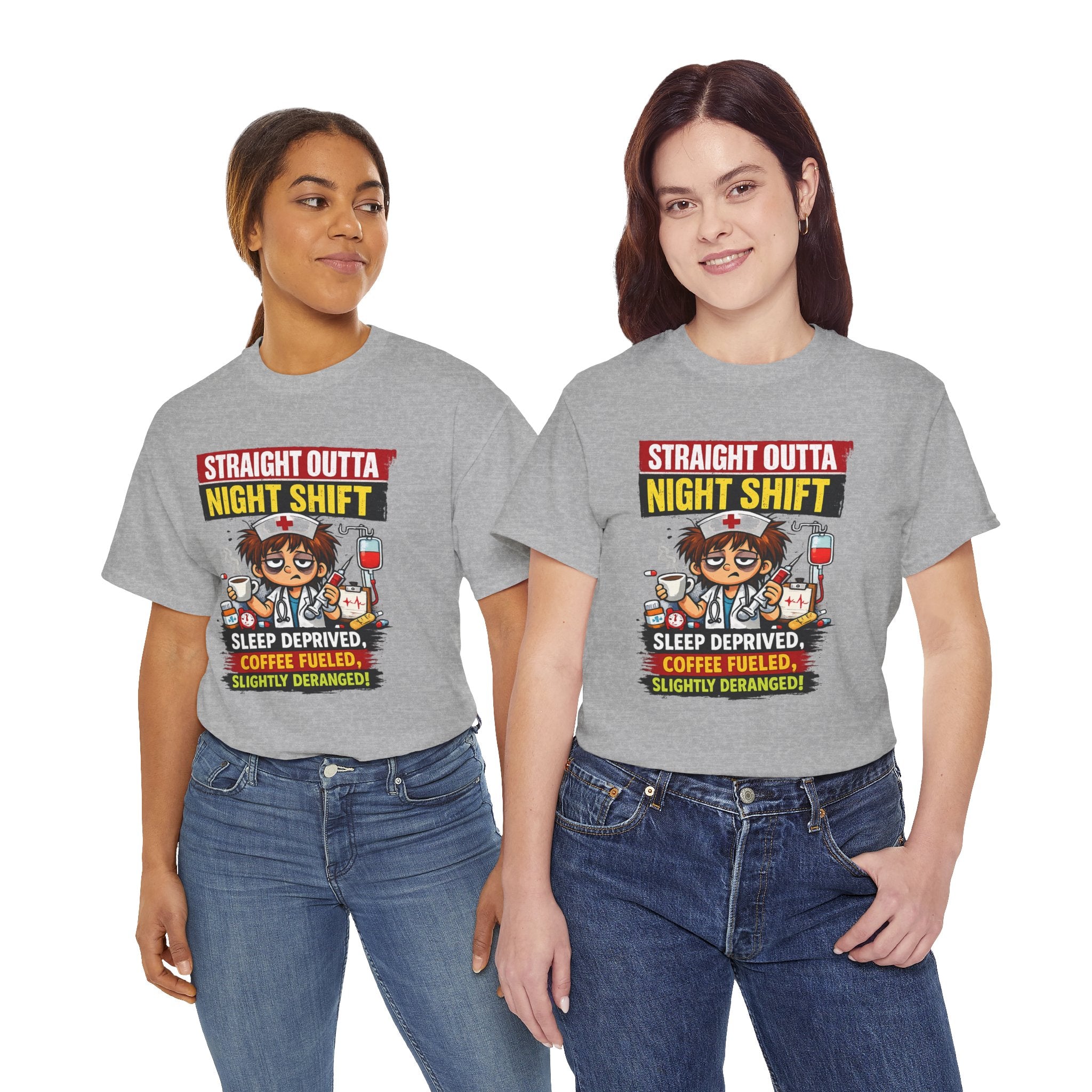 Straight Outta Night Shift Nurse T-Shirt — Sleep Deprived, Coffee Fueled Healthcare Tee