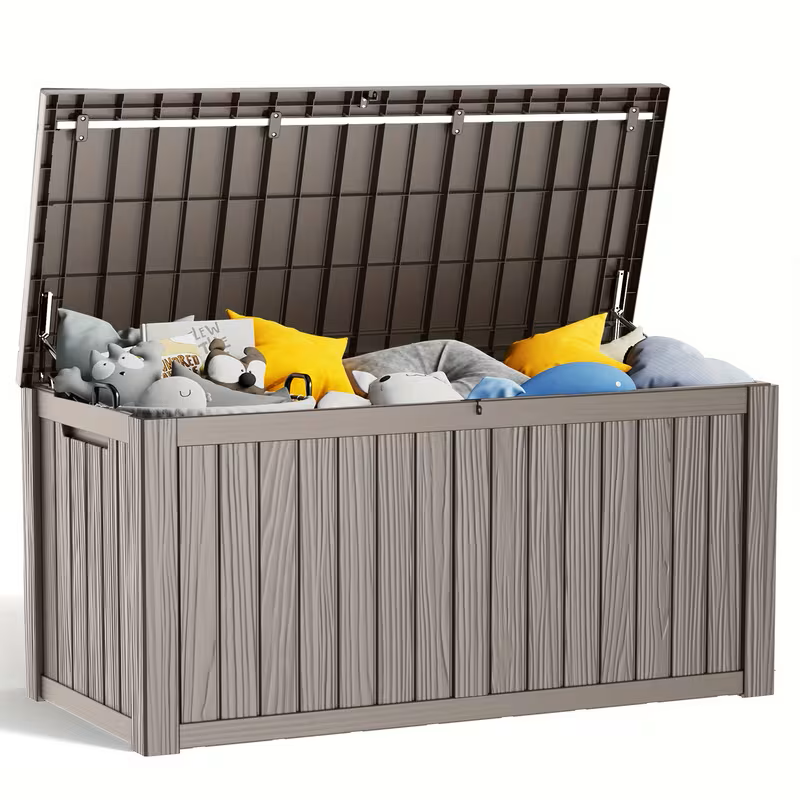 Arcón exterior de alta resistencia de 75 galones – Caja de almacenamiento para patio impermeable con tapa con bisagras, cerradura y fácil montaje