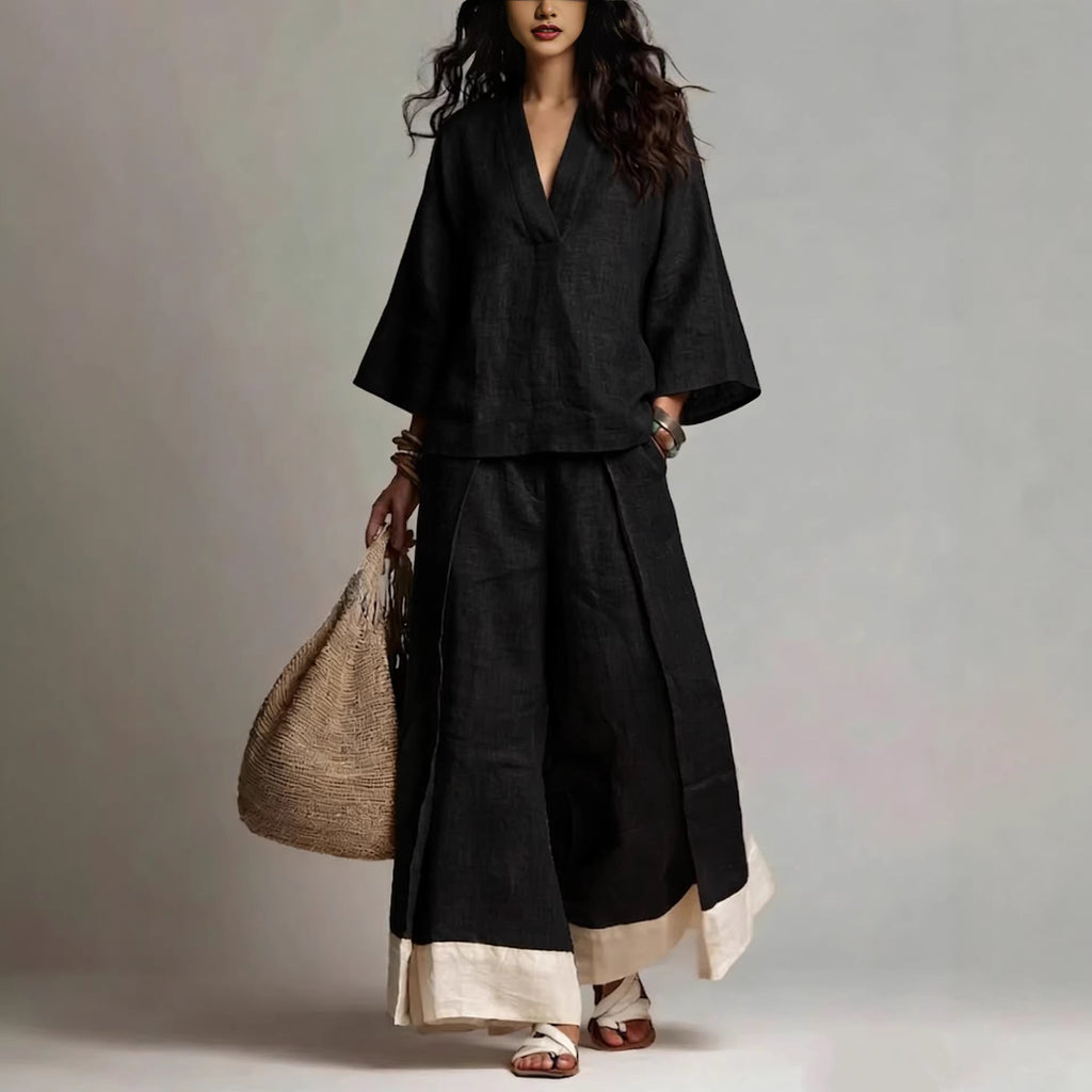 Women's Cotton-Linen V-Neck 3/4 Sleeve Shirt & Wide-Leg Pants Set