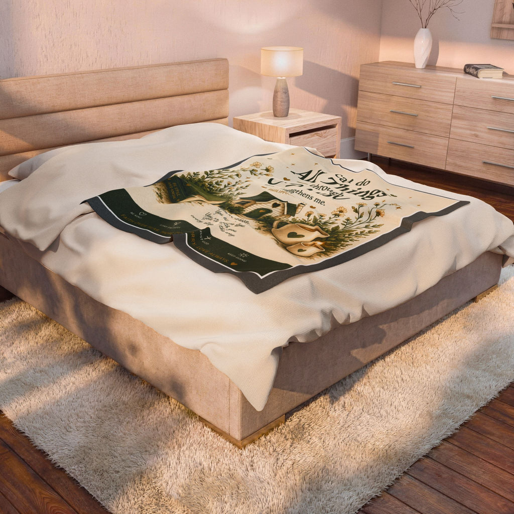 Christian Velveteen Plush Blanket — "I Can Do All Things Through Christ" Inspirational Throw