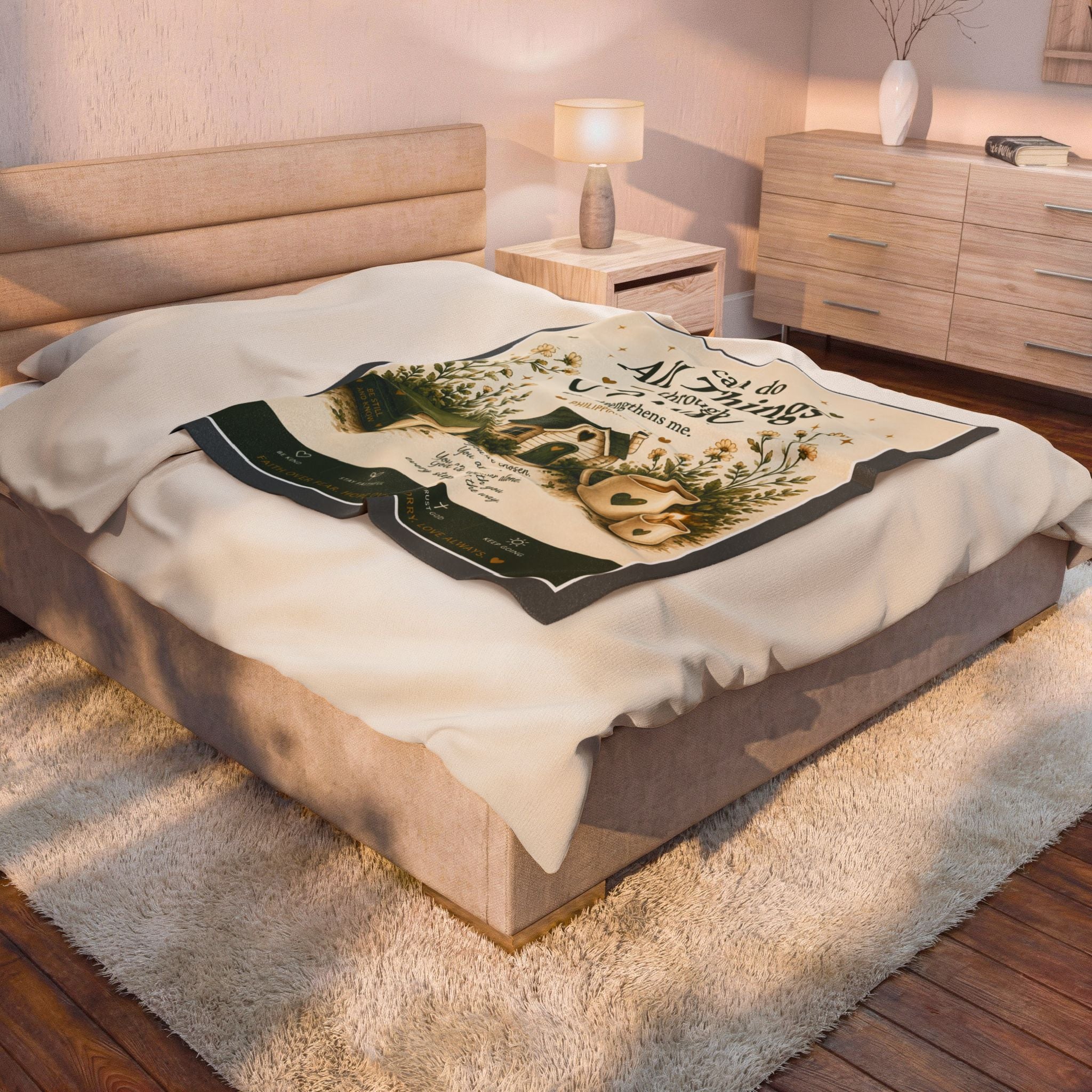 Christian Velveteen Plush Blanket — "I Can Do All Things Through Christ" Inspirational Throw