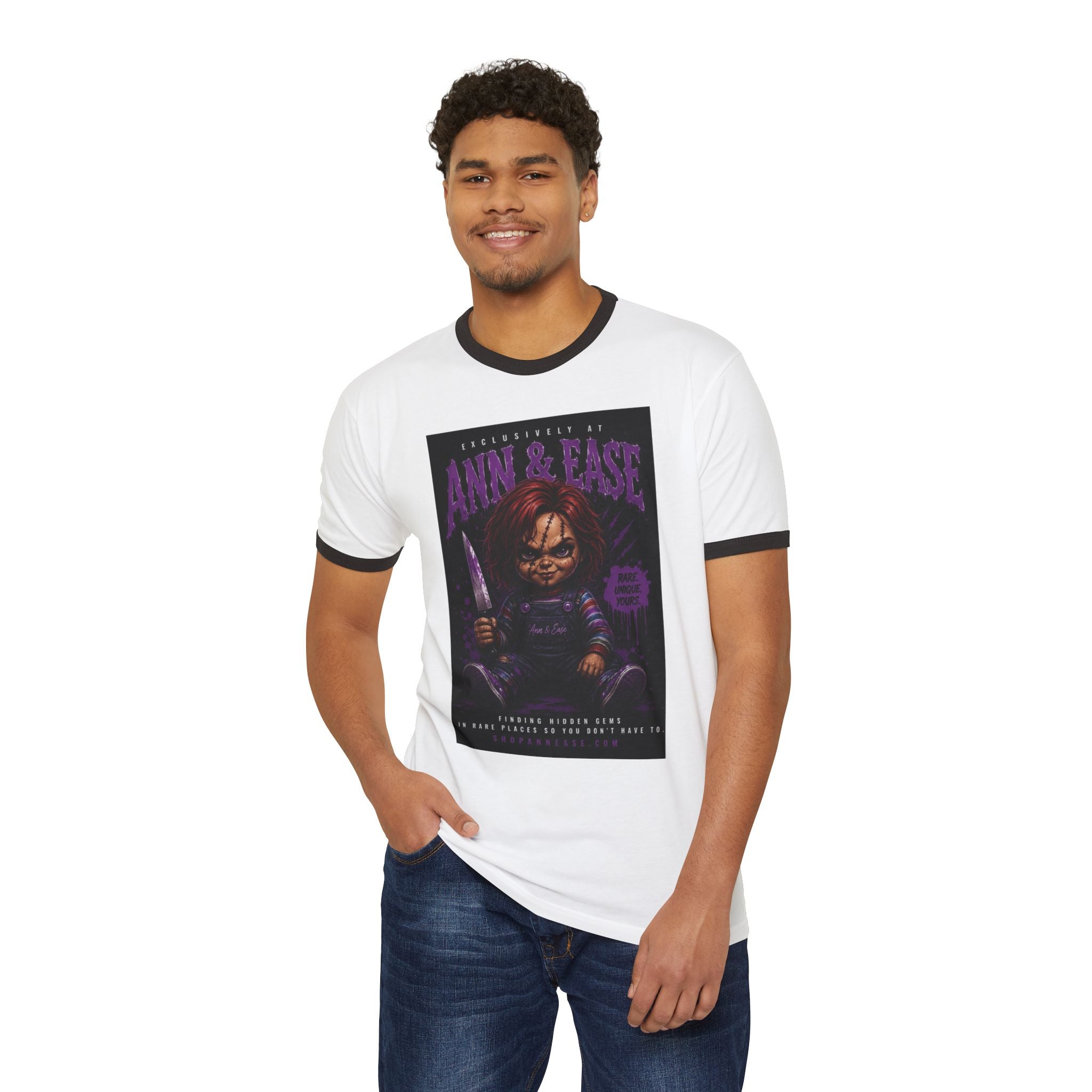 Horror Movie T-Shirt — "Ann & Ease" Chucky-Inspired Graphic Ringer Tee