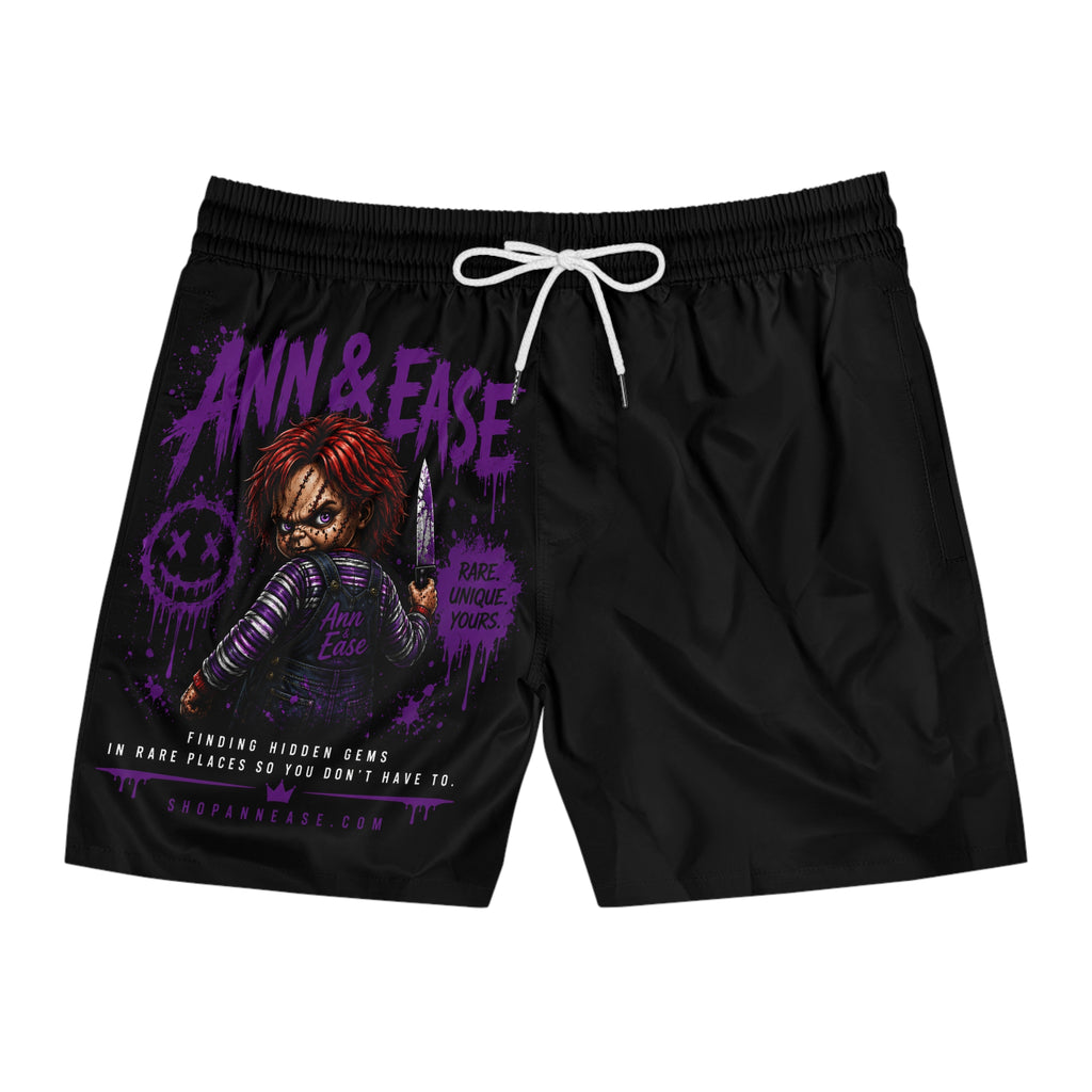 Horror Chucky Swim Shorts — "Ann & Ease" Graphic Men's Mid-Length Beach Trunks