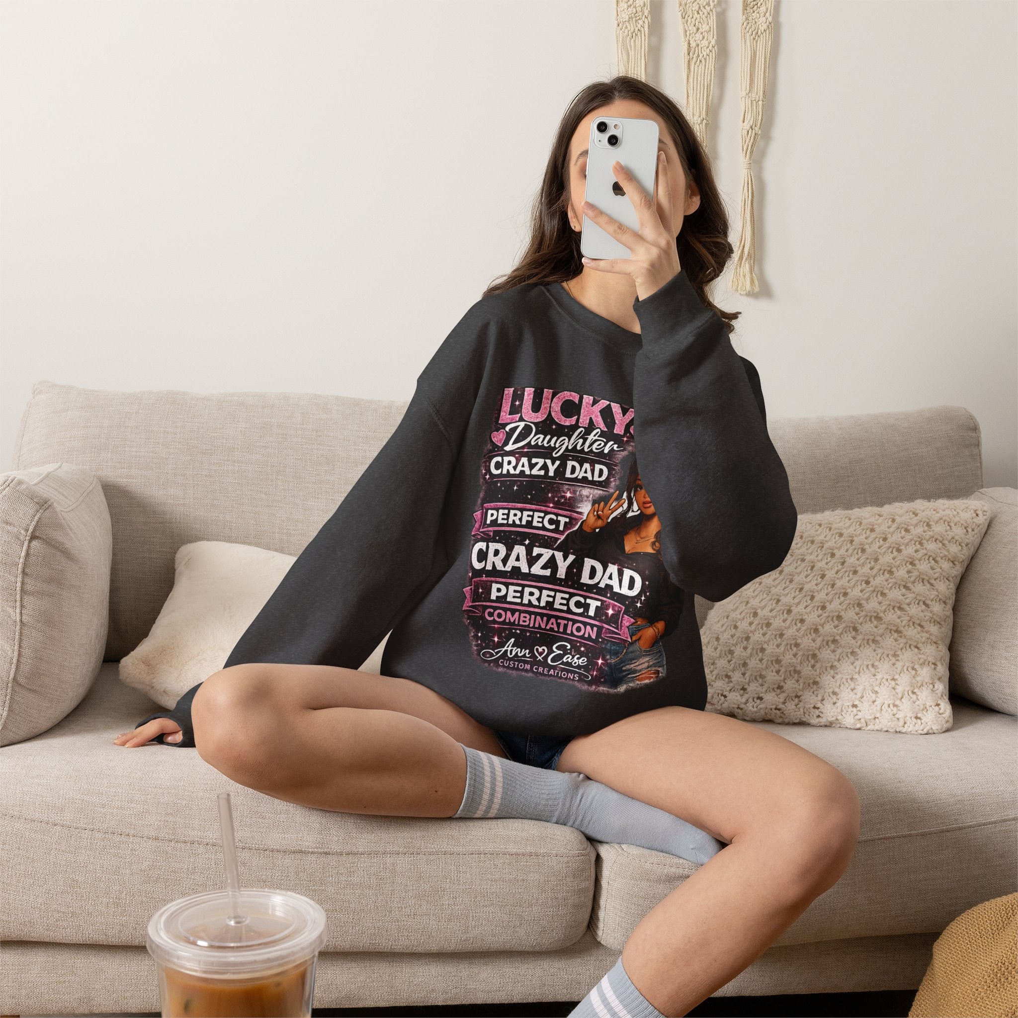 Crewneck Sweatshirt — "Lucky Daughter, Crazy Dad" Pink Graphic Father-Daughter Pullover