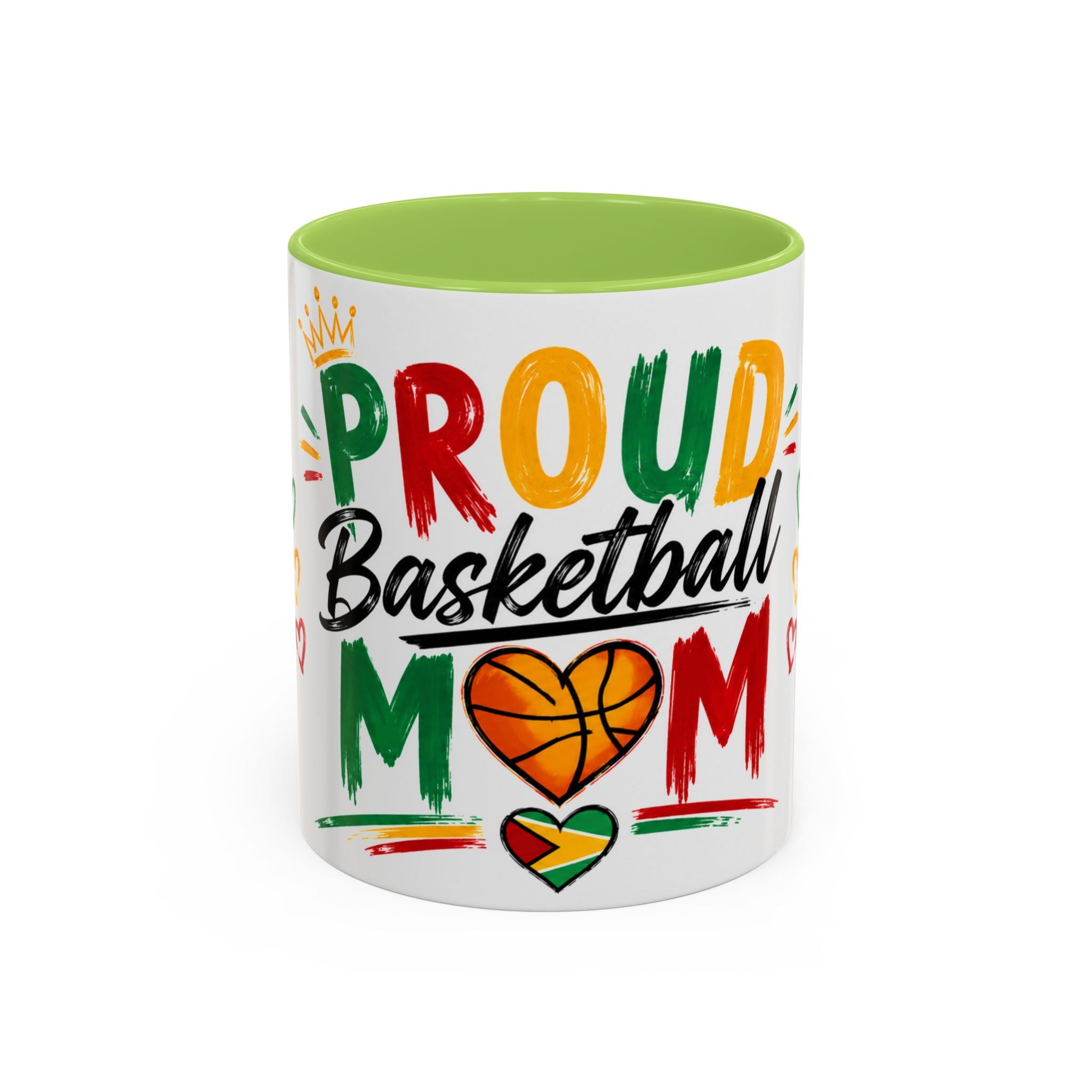 Taza de café para mamá orgullosa del baloncesto – Diseño colorido de corazón y baloncesto (11/15oz)