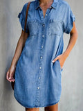 Denim Midi Dress – Short Sleeve Square Neck Slim Fit Street Style