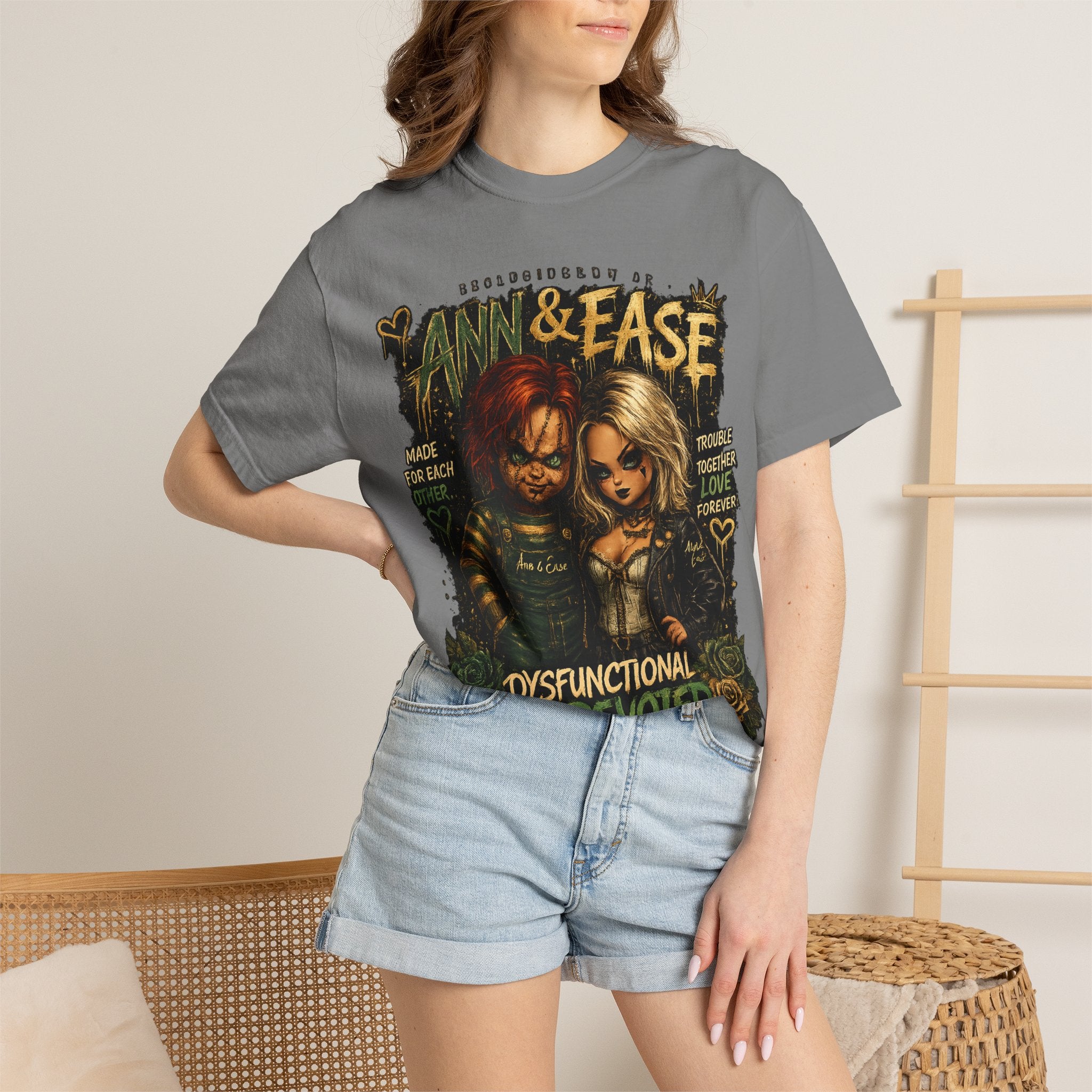 T-Shirt — "Ann & Ease: Dysfunctional But Devoted" Horror Couple Graphic Tee