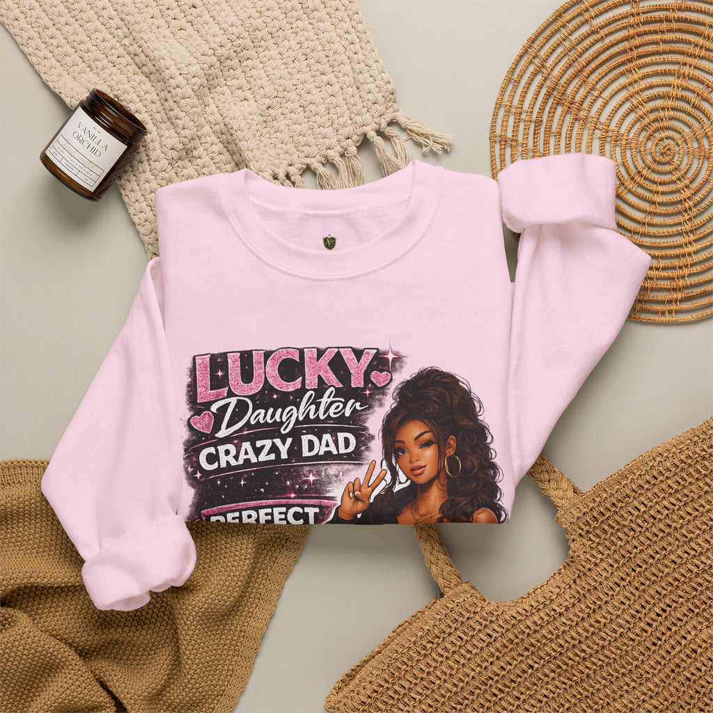 Crewneck Sweatshirt — "Lucky Daughter, Crazy Dad" Pink Graphic Father-Daughter Pullover