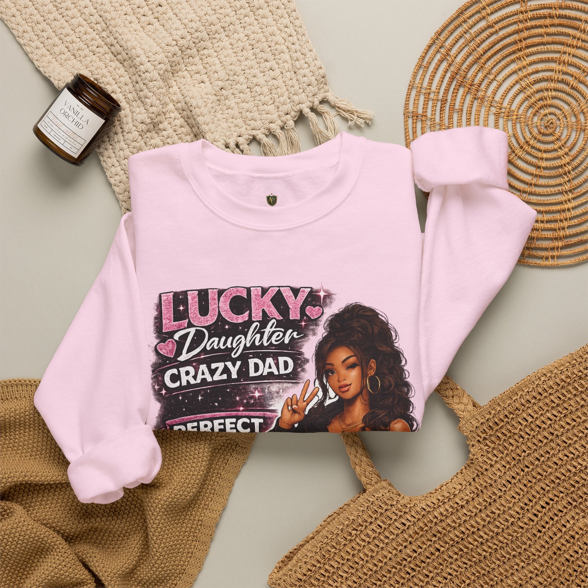 Crewneck Sweatshirt — "Lucky Daughter, Crazy Dad" Pink Graphic Father-Daughter Pullover