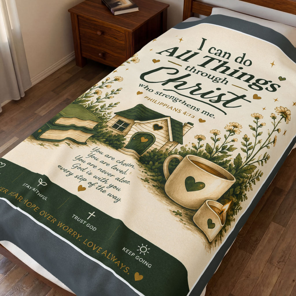 Christian Velveteen Plush Blanket — "I Can Do All Things Through Christ" Inspirational Throw