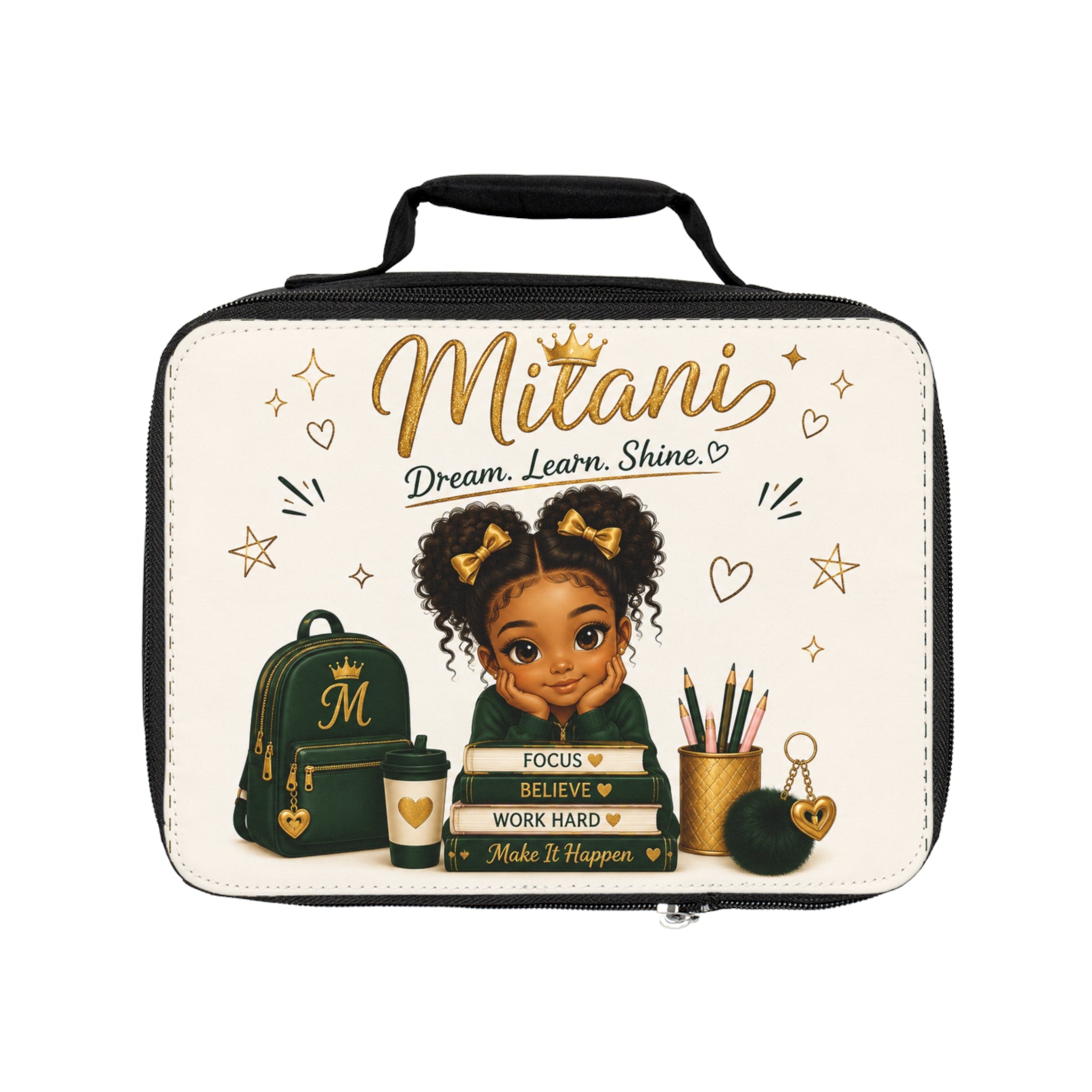 Personalized Kids Lunch Bag — "Dream. Learn. Shine." School Lunchbox with Girl Illustration