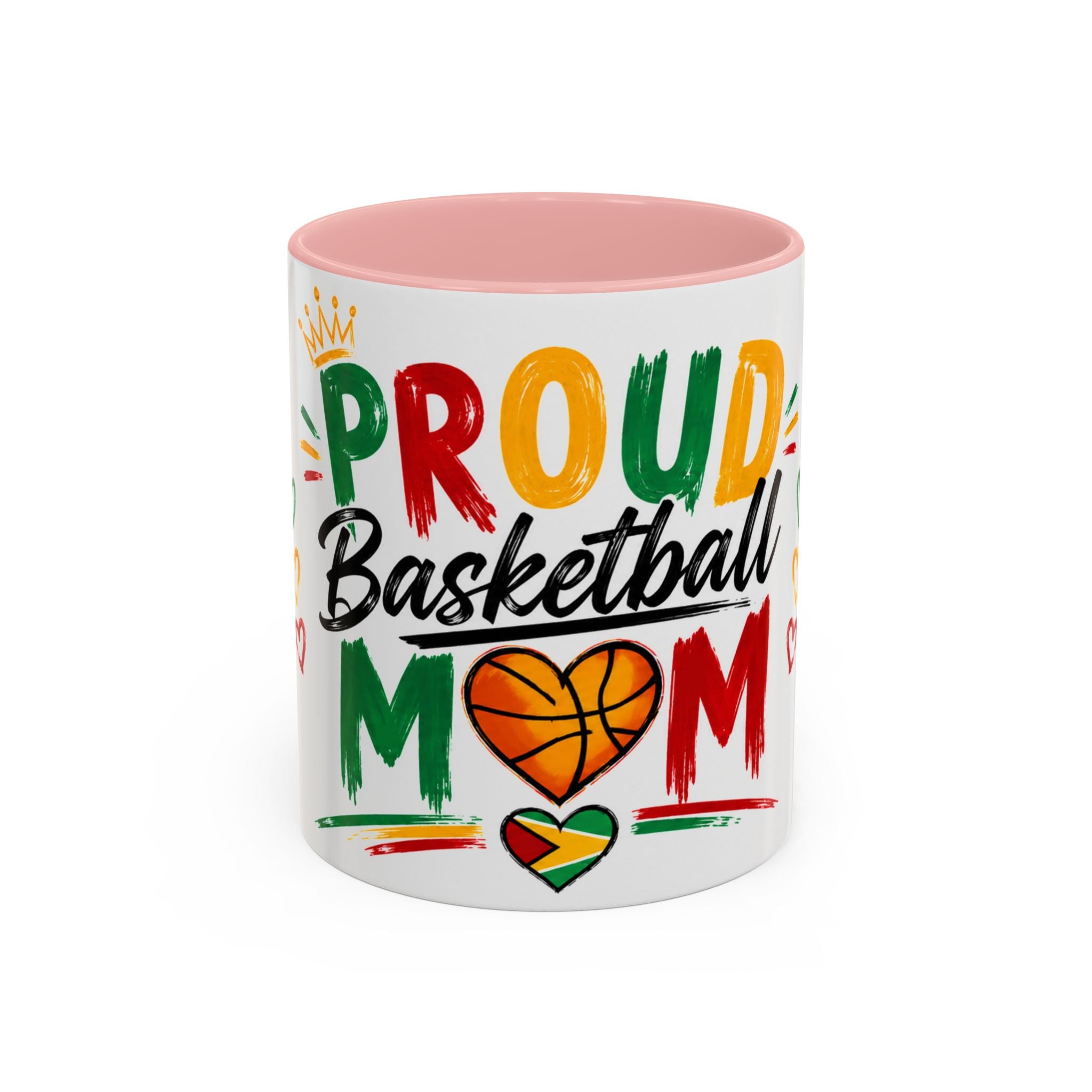 Taza de café para mamá orgullosa del baloncesto – Diseño colorido de corazón y baloncesto (11/15oz)