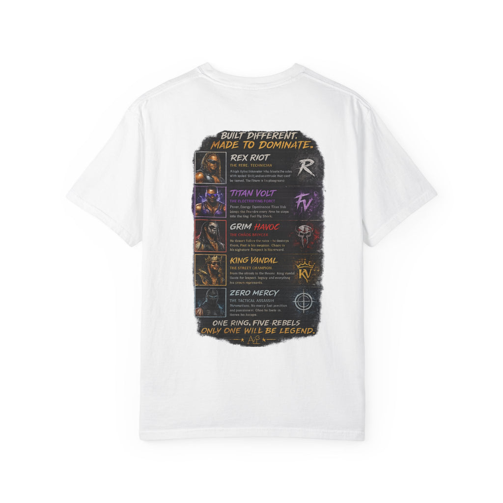 T-Shirt — Ring Rebels Graphic Tee (Rex Riot, Titan Bolt, Grim Havoc, King Vandal, Zero Mercy)