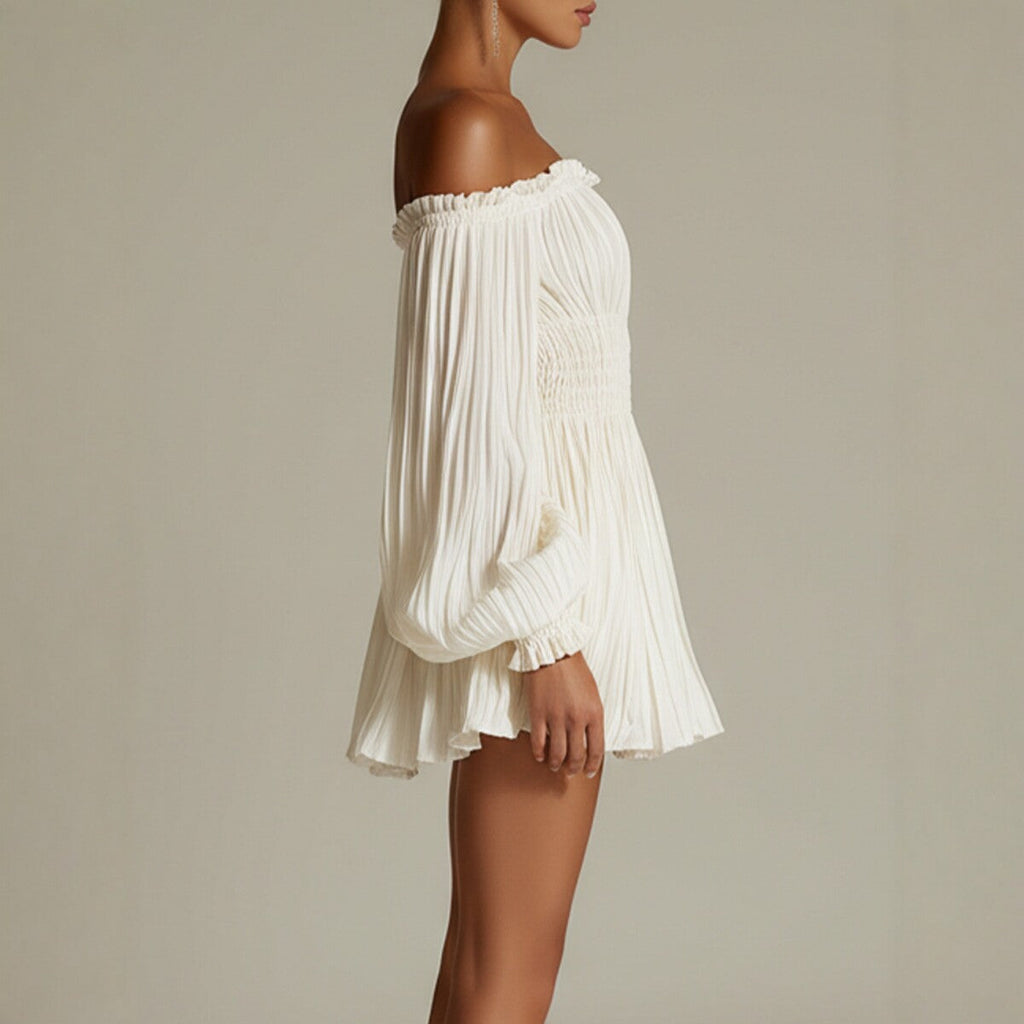 Women's Off-Shoulder Pleated Mini Dress – Smocked Waist & Puff Sleeves