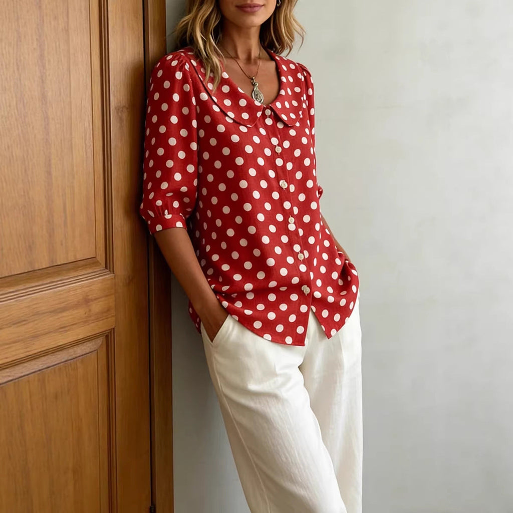 Women's Retro Polka Dot Three-Quarter Sleeve Loose Cardigan Shirt