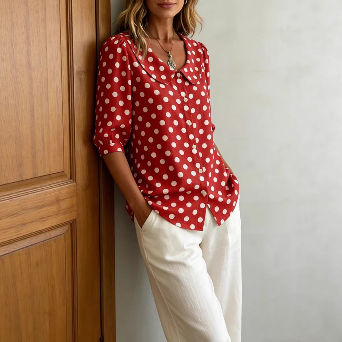 Women's Retro Polka Dot Three-Quarter Sleeve Loose Cardigan Shirt