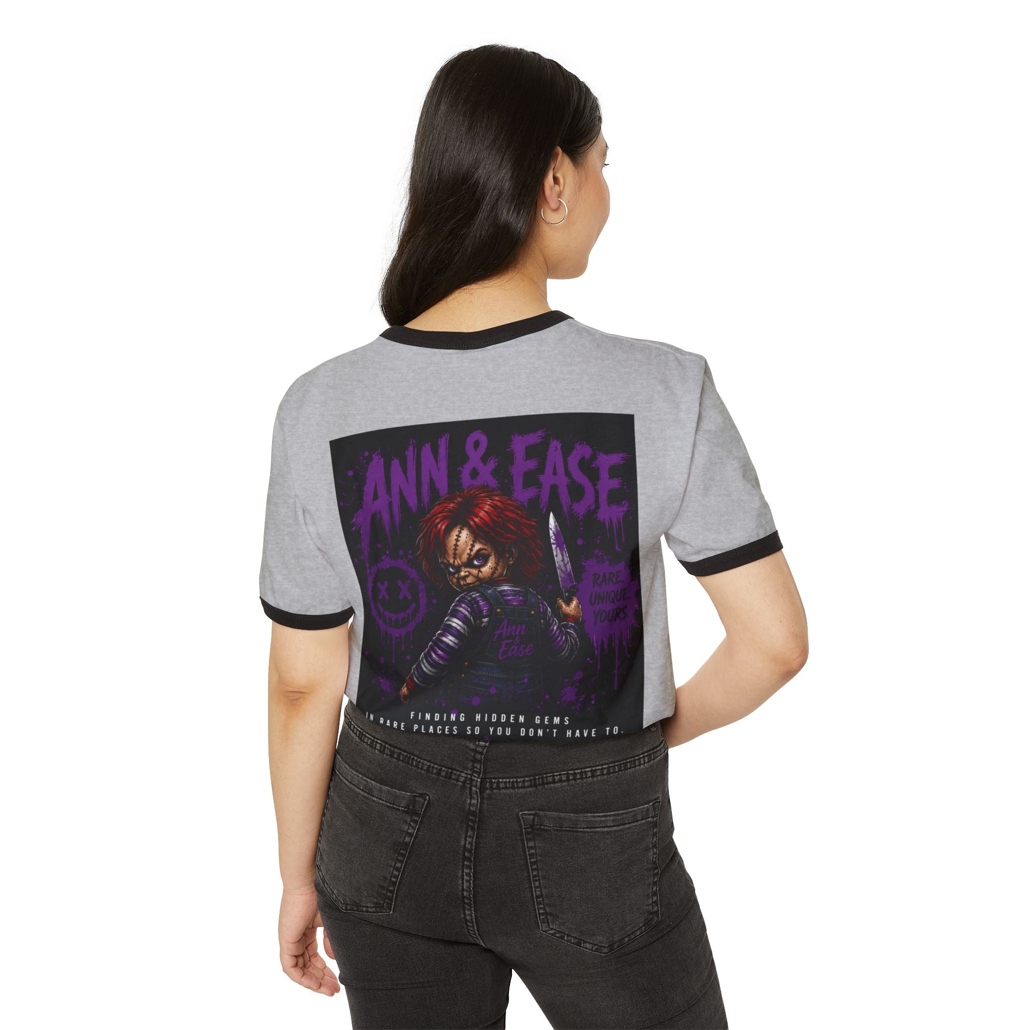 Horror Movie T-Shirt — "Ann & Ease" Chucky-Inspired Graphic Ringer Tee