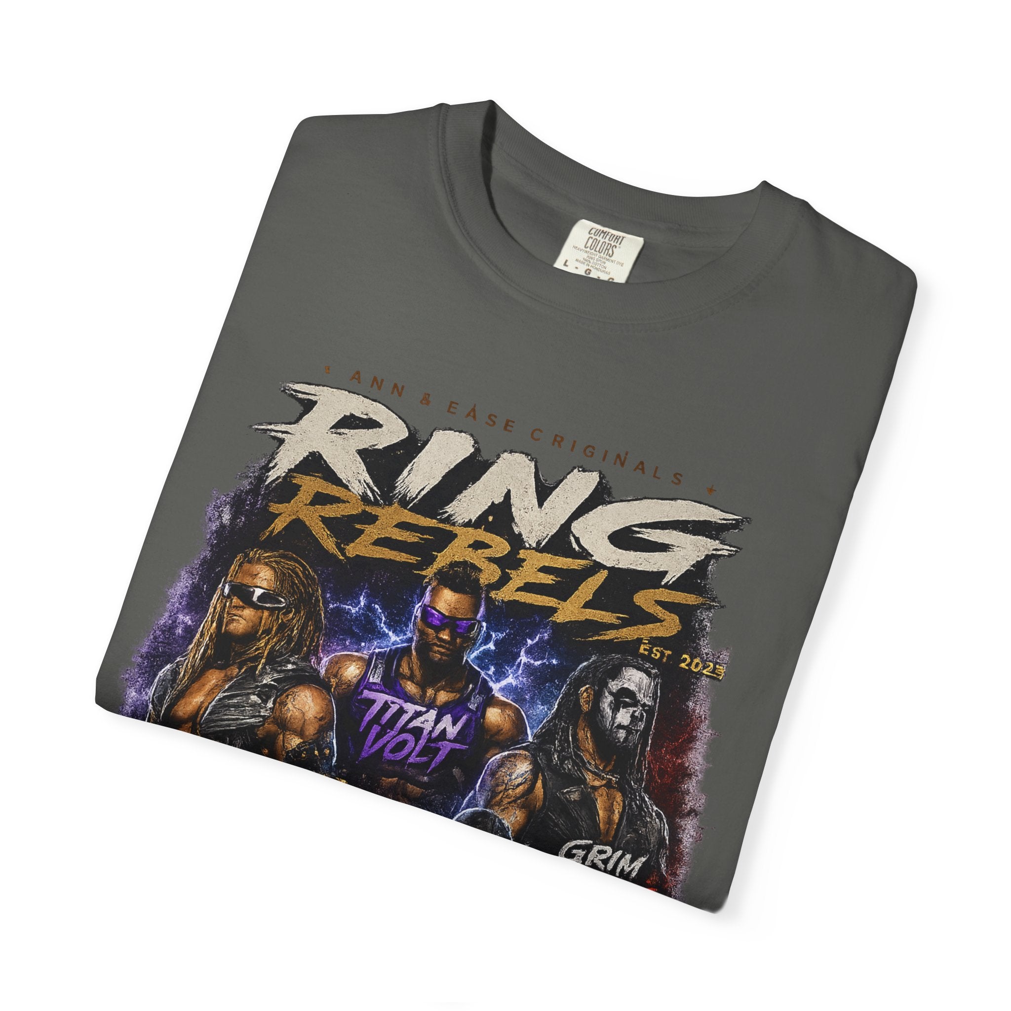 T-Shirt — Ring Rebels Graphic Tee (Rex Riot, Titan Bolt, Grim Havoc, King Vandal, Zero Mercy)