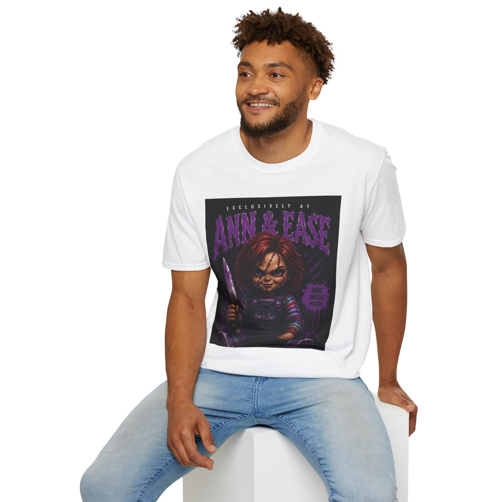 Camiseta de película de terror de Chucky — Camiseta gráfica retro de muñeco asesino "Ann & Ease"
