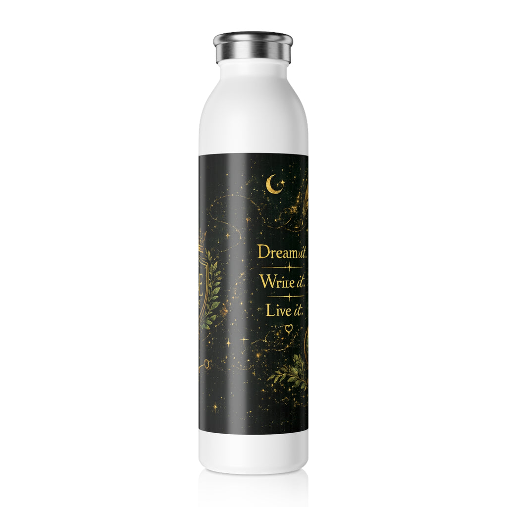 Slim Water Bottle - Elegant Gold Crest 'A&E' Adventure Starts Here Stainless Steel Bottle