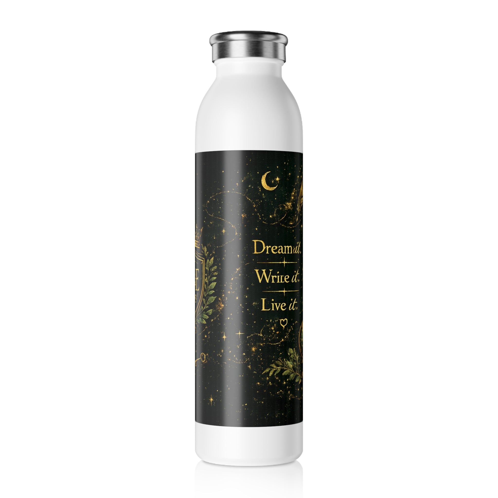 Slim Water Bottle - Elegant Gold Crest 'A&E' Adventure Starts Here Stainless Steel Bottle