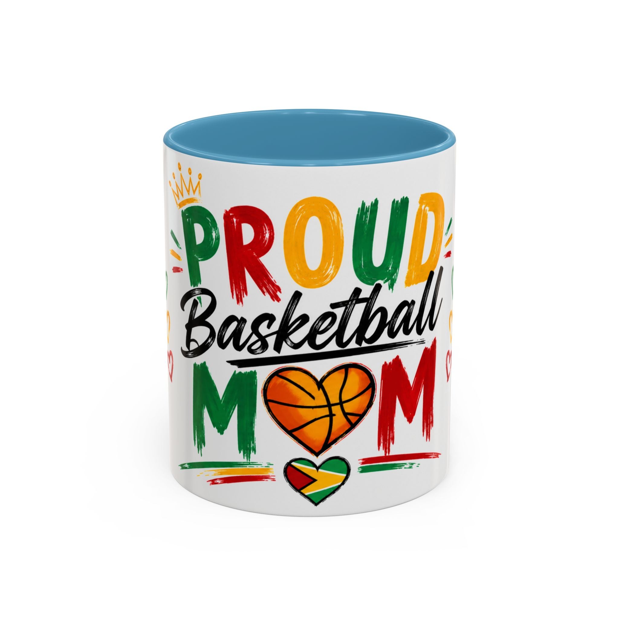 Taza de café para mamá orgullosa del baloncesto – Diseño colorido de corazón y baloncesto (11/15oz)