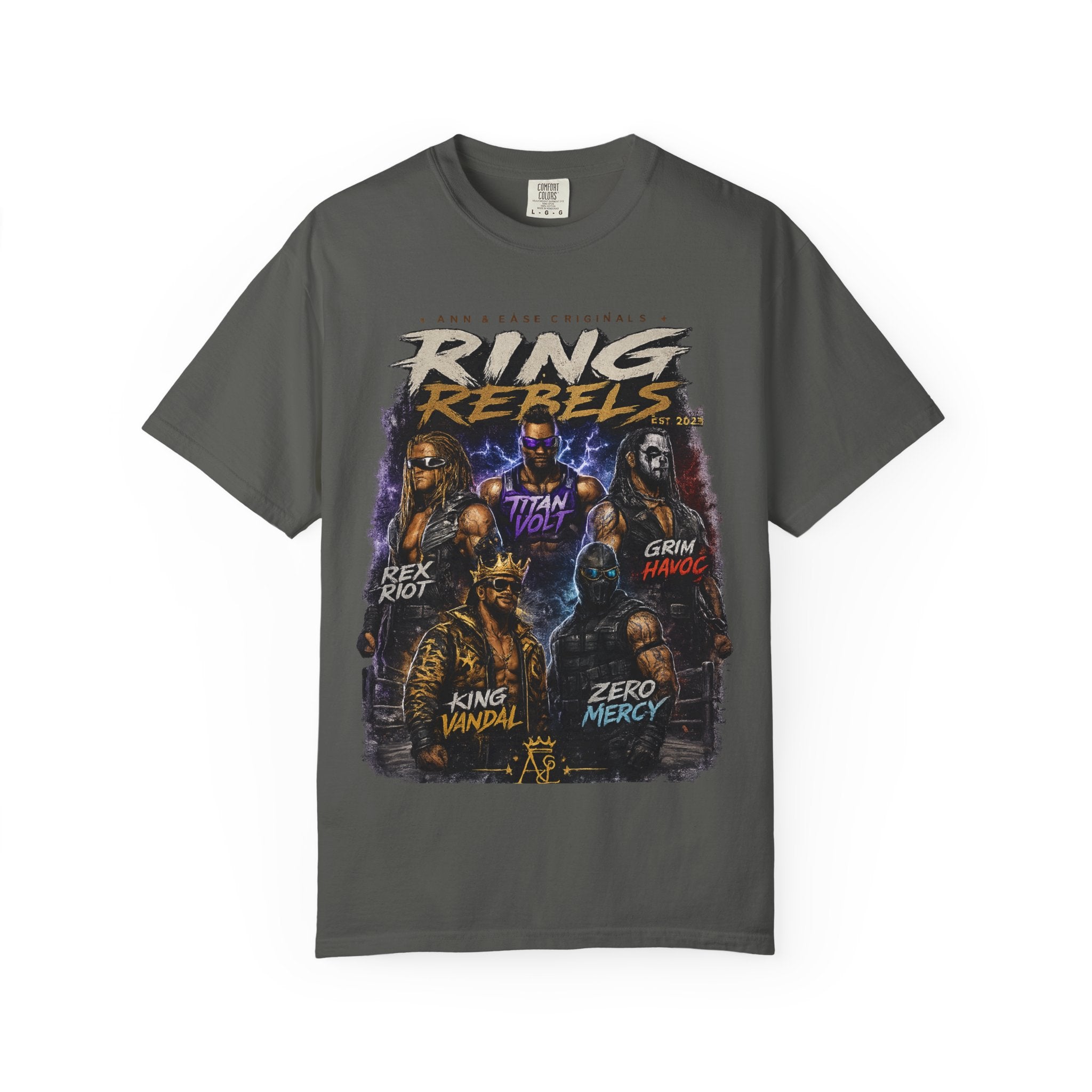 Playera — Camiseta gráfica Ring Rebels (Rex Riot, Titan Bolt, Grim Havoc, King Vandal, Zero Mercy)