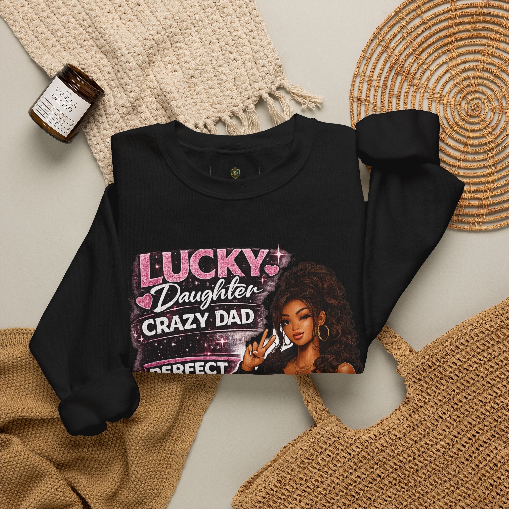 Crewneck Sweatshirt — "Lucky Daughter, Crazy Dad" Pink Graphic Father-Daughter Pullover