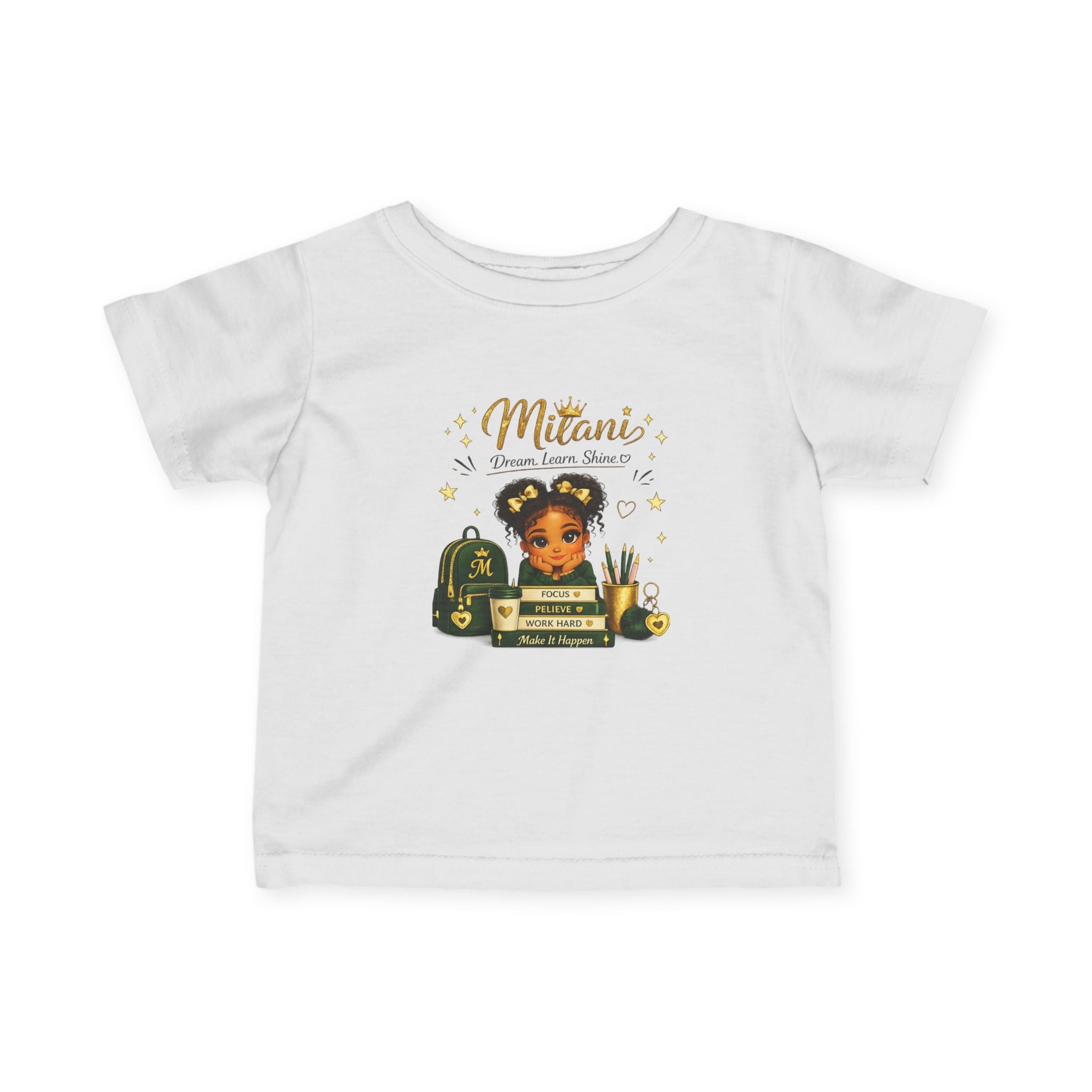 Infant Tee — "Little Girl with Big Dreams" Gold & Black Back-to-School Design