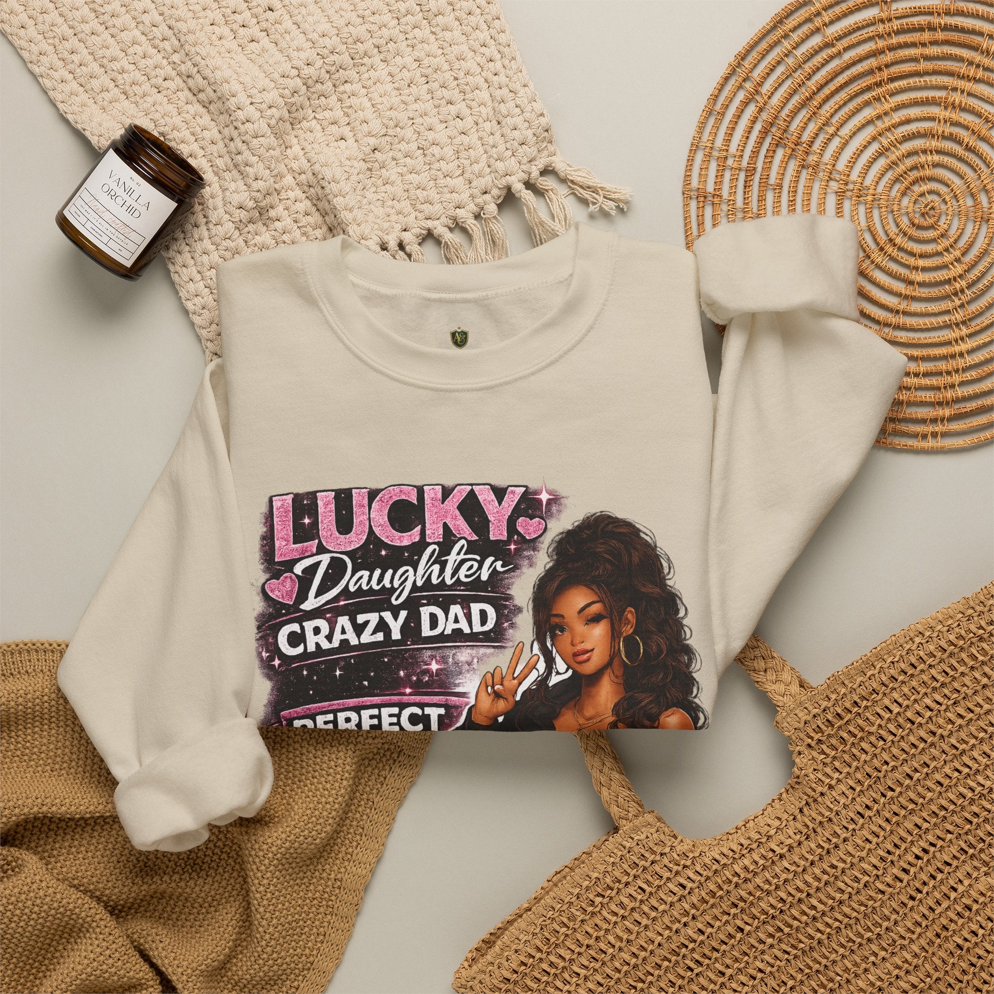 Crewneck Sweatshirt — "Lucky Daughter, Crazy Dad" Pink Graphic Father-Daughter Pullover