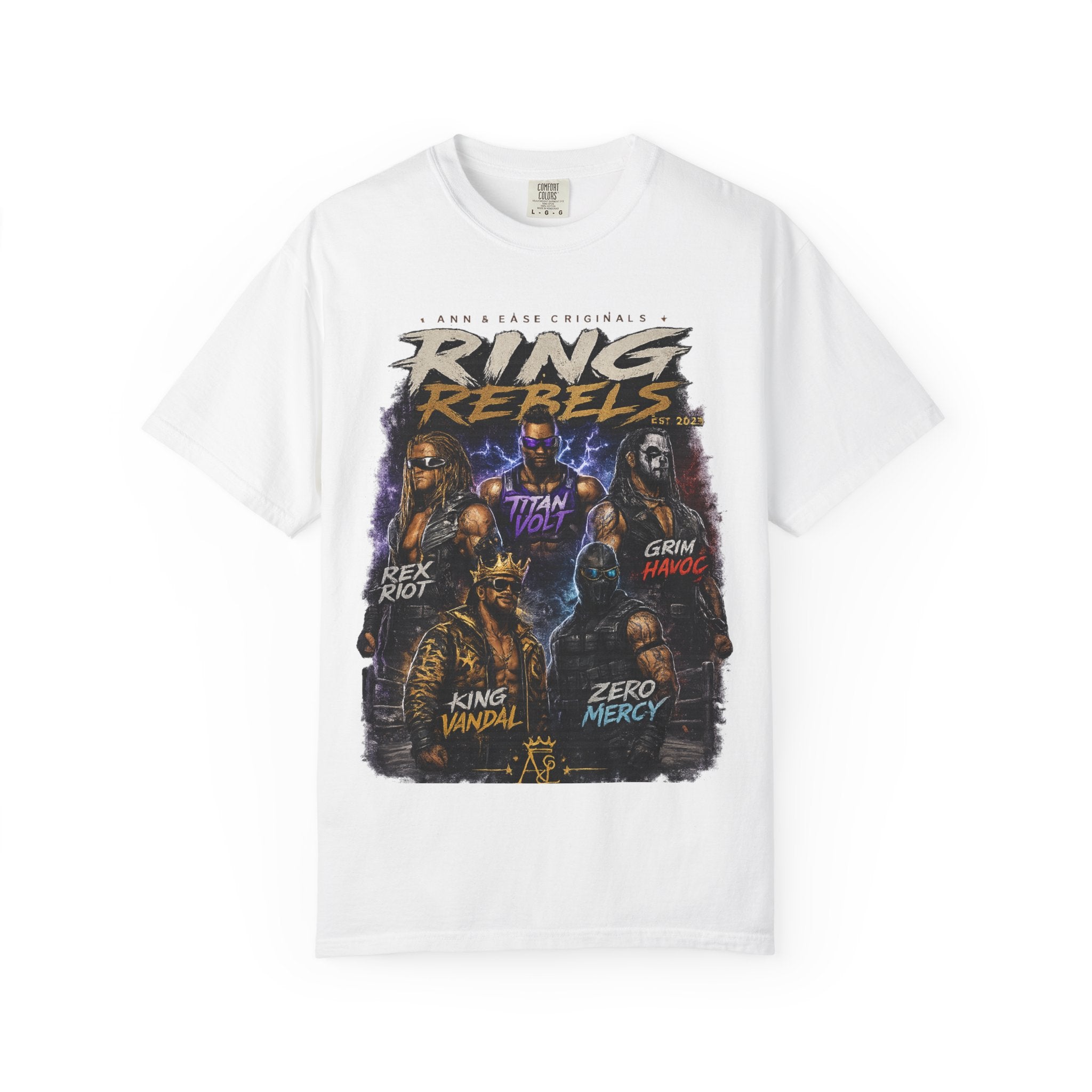 Playera — Camiseta gráfica Ring Rebels (Rex Riot, Titan Bolt, Grim Havoc, King Vandal, Zero Mercy)