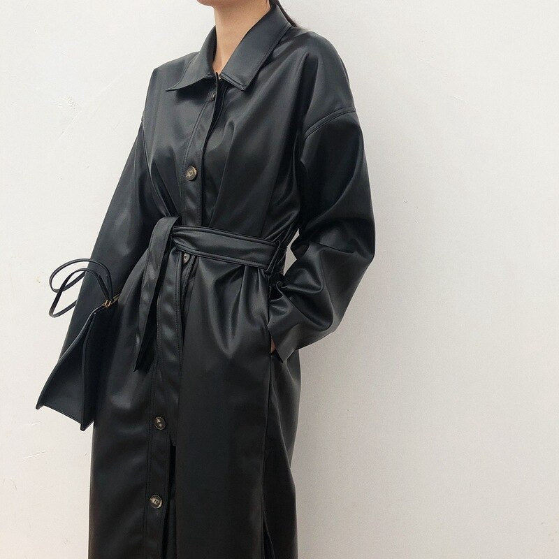 Women's Long PU Leather Jacket | Polo Collar Lace Detail Coat